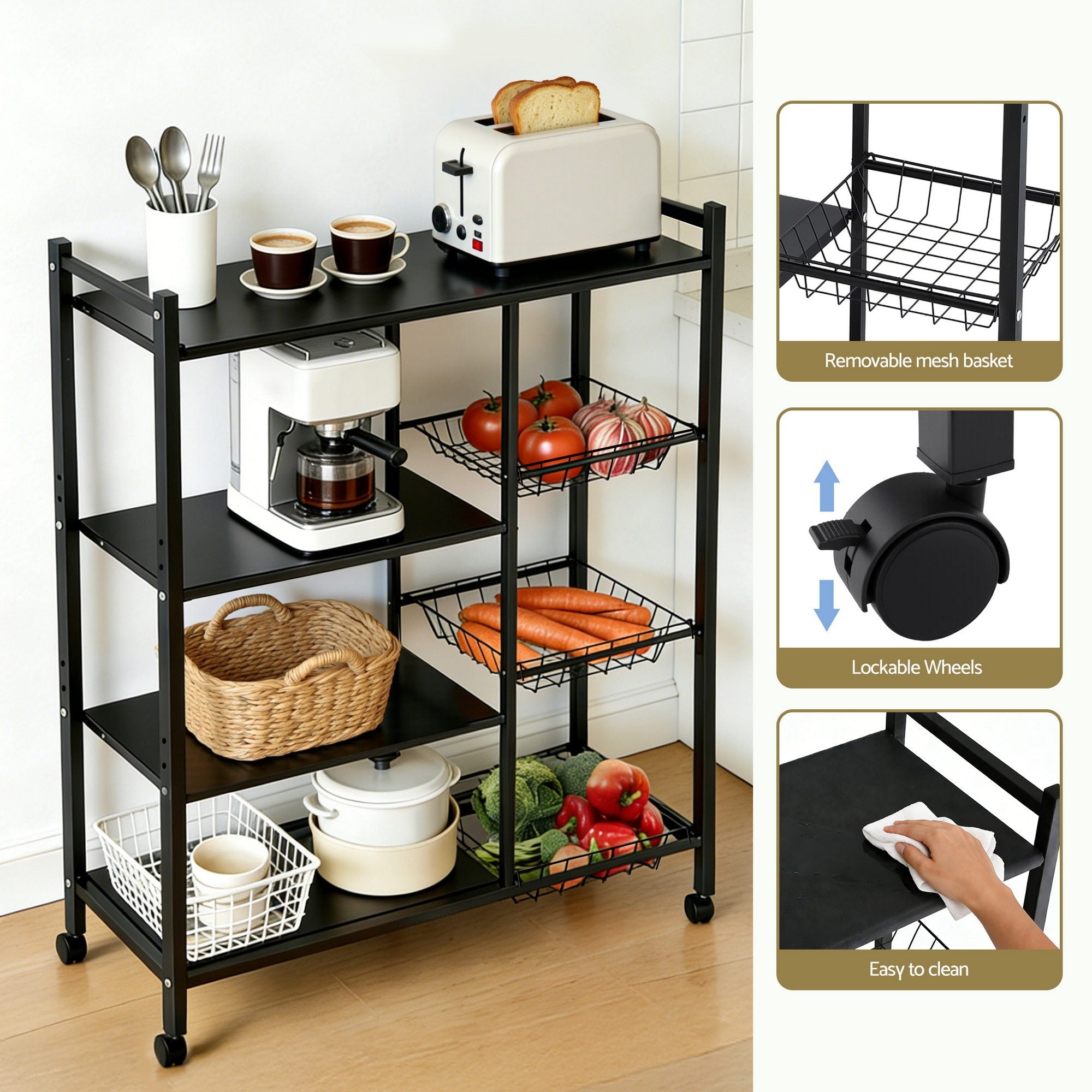 4 - Tier Kitchen Microwave Storage Rack with 3 Baskets and Wheels - Dark Grey - Appliances > Kitchen Appliances > Kitchen Appliance Accessories - Rivercity House & Home Co. (ABN 18 642 972 209) - Affordable Modern Furniture Australia