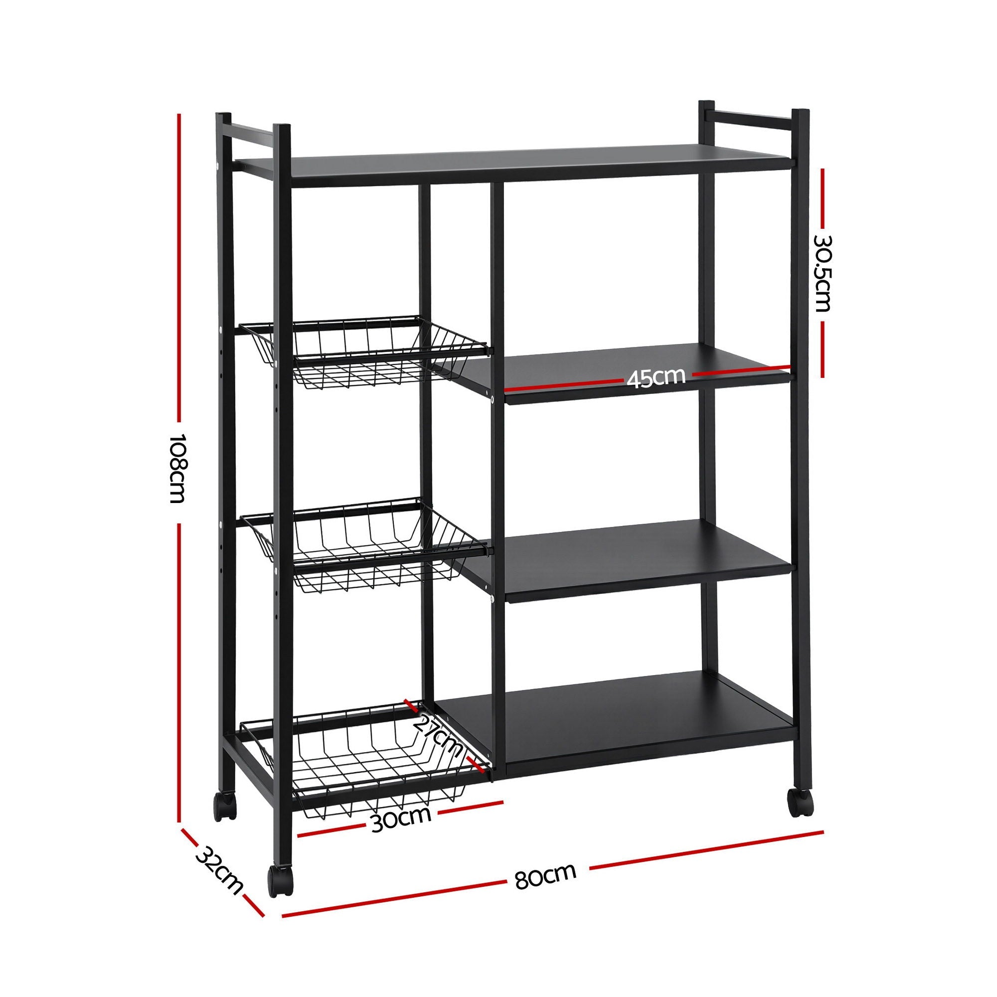 4 - Tier Kitchen Microwave Storage Rack with 3 Baskets and Wheels - Dark Grey - Appliances > Kitchen Appliances > Kitchen Appliance Accessories - Rivercity House & Home Co. (ABN 18 642 972 209) - Affordable Modern Furniture Australia