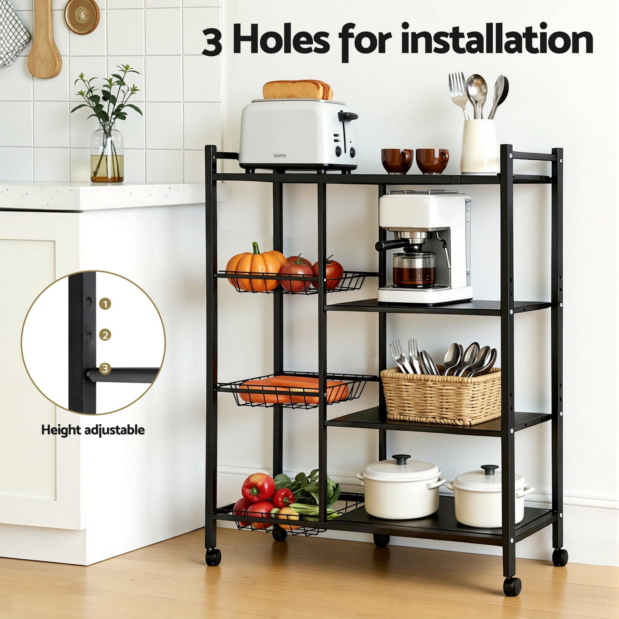 4 - Tier Kitchen Microwave Storage Rack with 3 Baskets and Wheels - Dark Grey - Appliances > Kitchen Appliances > Kitchen Appliance Accessories - Rivercity House & Home Co. (ABN 18 642 972 209) - Affordable Modern Furniture Australia
