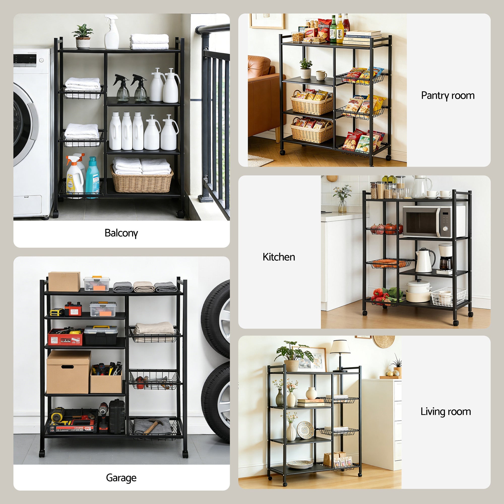 4 - Tier Kitchen Microwave Storage Rack with 3 Baskets and Wheels - Dark Grey - Appliances > Kitchen Appliances > Kitchen Appliance Accessories - Rivercity House & Home Co. (ABN 18 642 972 209) - Affordable Modern Furniture Australia