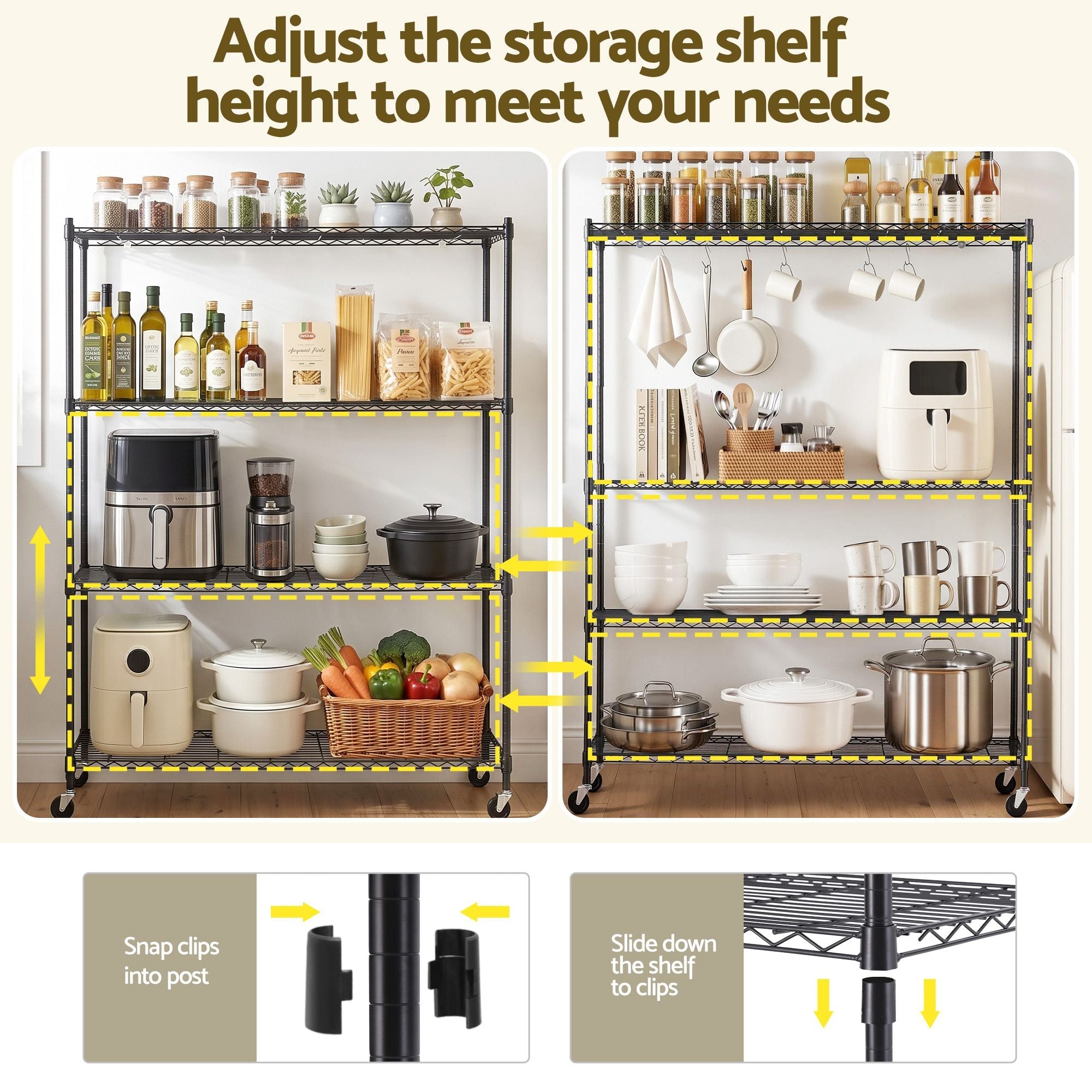 4 - Tier Kitchen Rack Shelf with Wheels Shelving 152x45x187CM Adjustable Metal Storage Shelves - Home & Garden > Kitchenware > Kitchen Utensils - Rivercity House & Home Co. (ABN 18 642 972 209) - Affordable Modern Furniture Australia