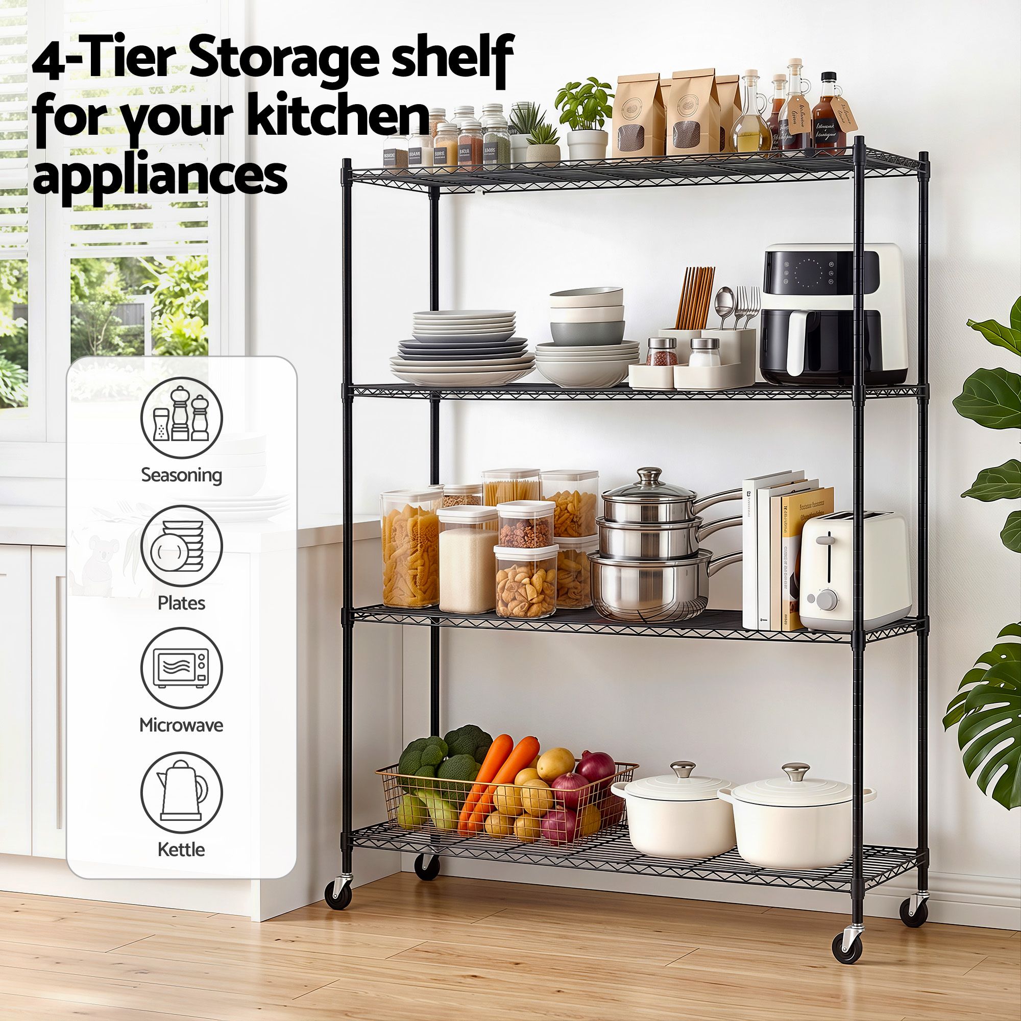 4 - Tier Kitchen Rack Shelf with Wheels Shelving 152x45x187CM Adjustable Metal Storage Shelves - Home & Garden > Kitchenware > Kitchen Utensils - Rivercity House & Home Co. (ABN 18 642 972 209) - Affordable Modern Furniture Australia