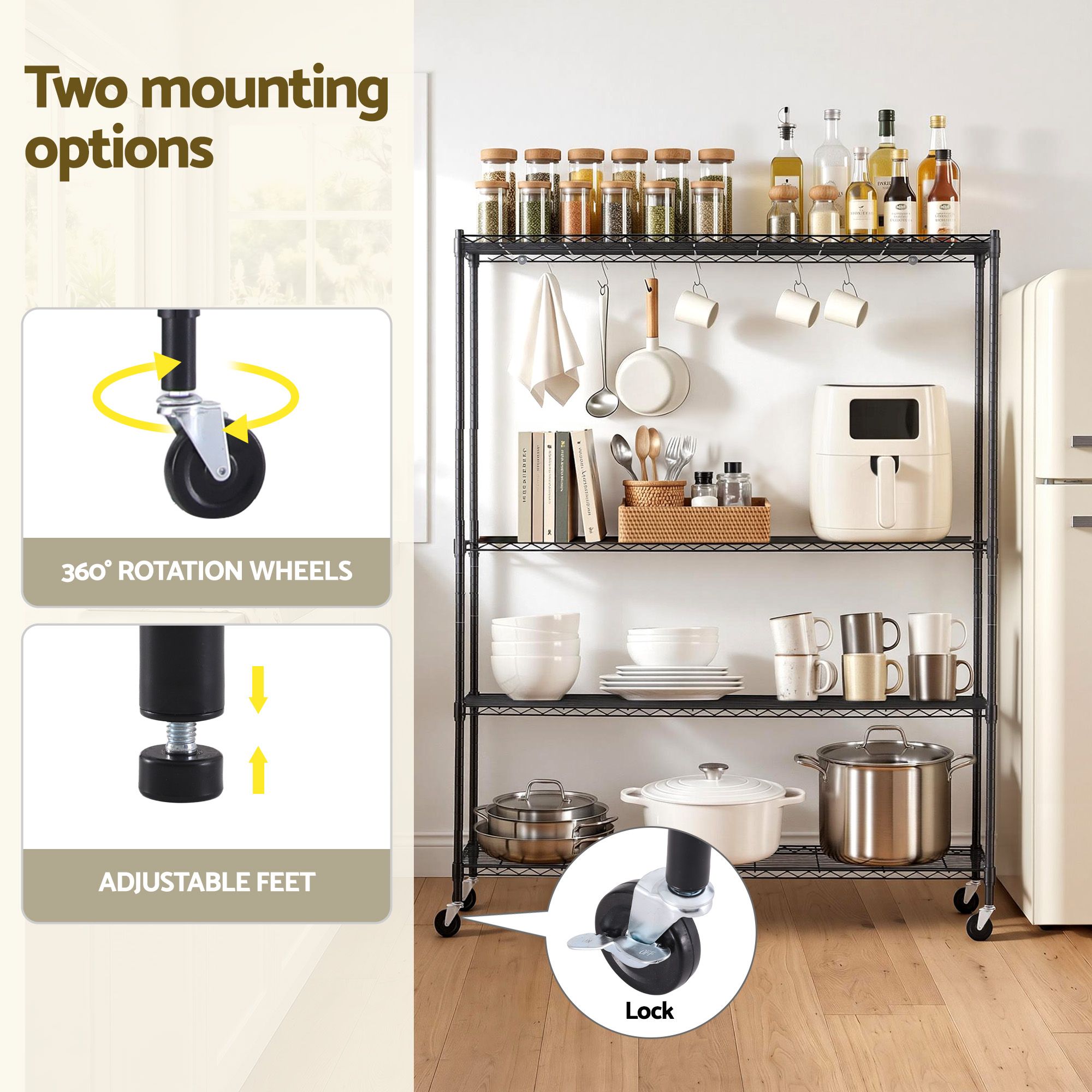 4 - Tier Kitchen Rack Shelf with Wheels Shelving 152x45x187CM Adjustable Metal Storage Shelves - Home & Garden > Kitchenware > Kitchen Utensils - Rivercity House & Home Co. (ABN 18 642 972 209) - Affordable Modern Furniture Australia