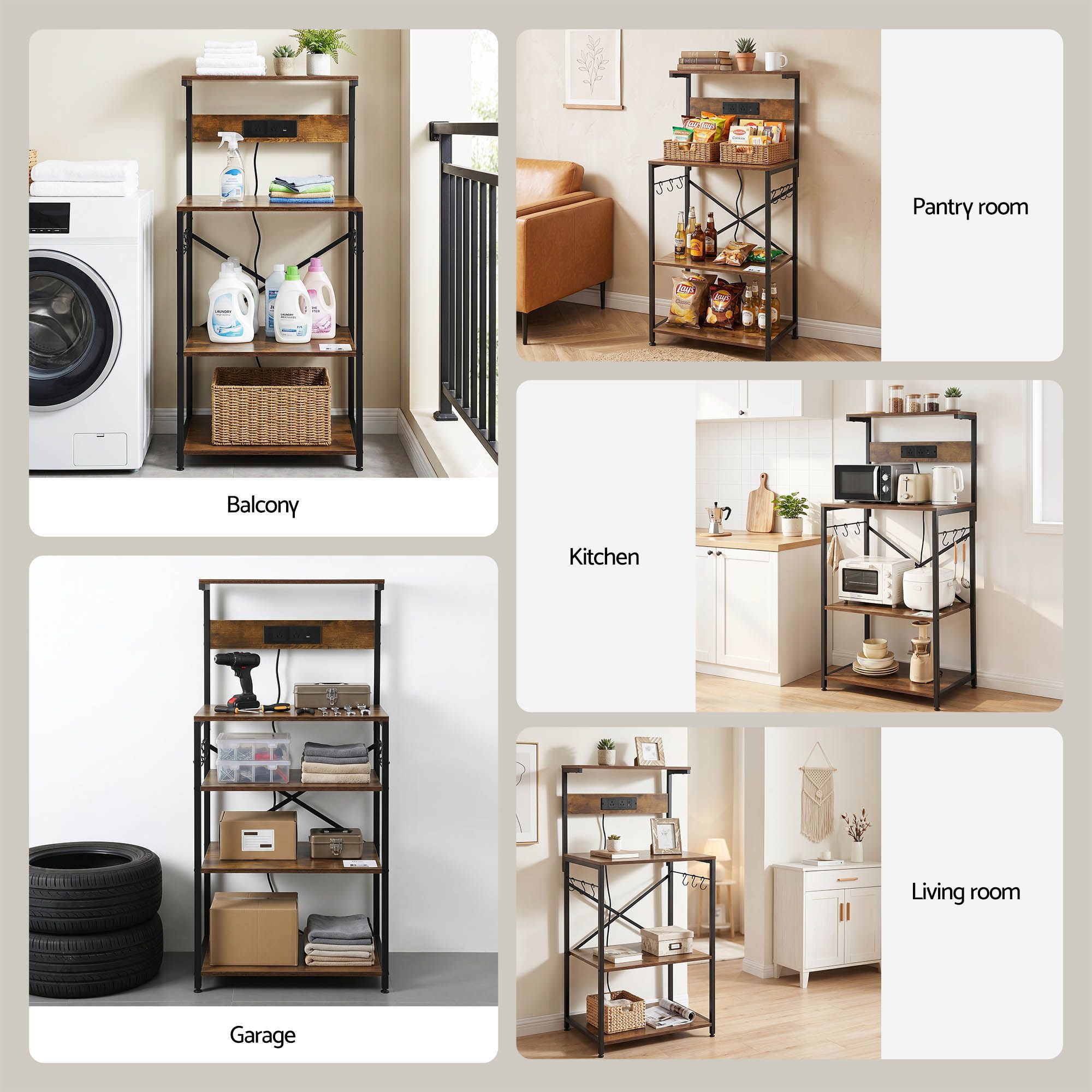 4 - Tier Kitchen Rack with 2 Power Outlets 6 Hooks Microwave Storage Shelf - Home & Garden > Kitchenware > Kitchen Utensils - Rivercity House & Home Co. (ABN 18 642 972 209) - Affordable Modern Furniture Australia