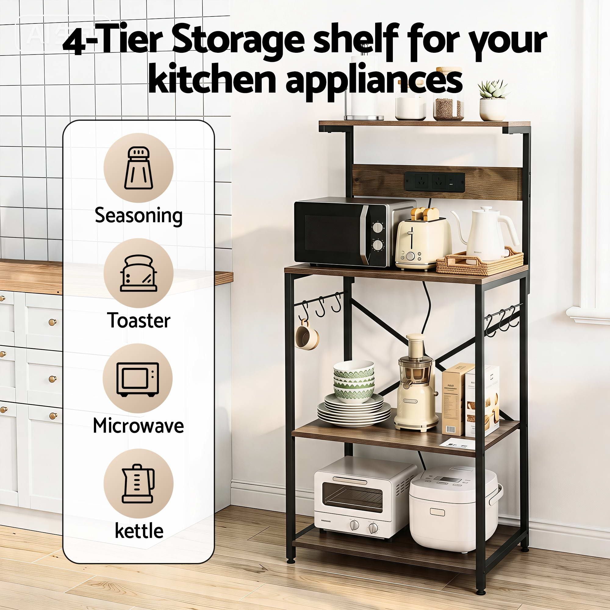 4 - Tier Kitchen Rack with 2 Power Outlets 6 Hooks Microwave Storage Shelf - Home & Garden > Kitchenware > Kitchen Utensils - Rivercity House & Home Co. (ABN 18 642 972 209) - Affordable Modern Furniture Australia