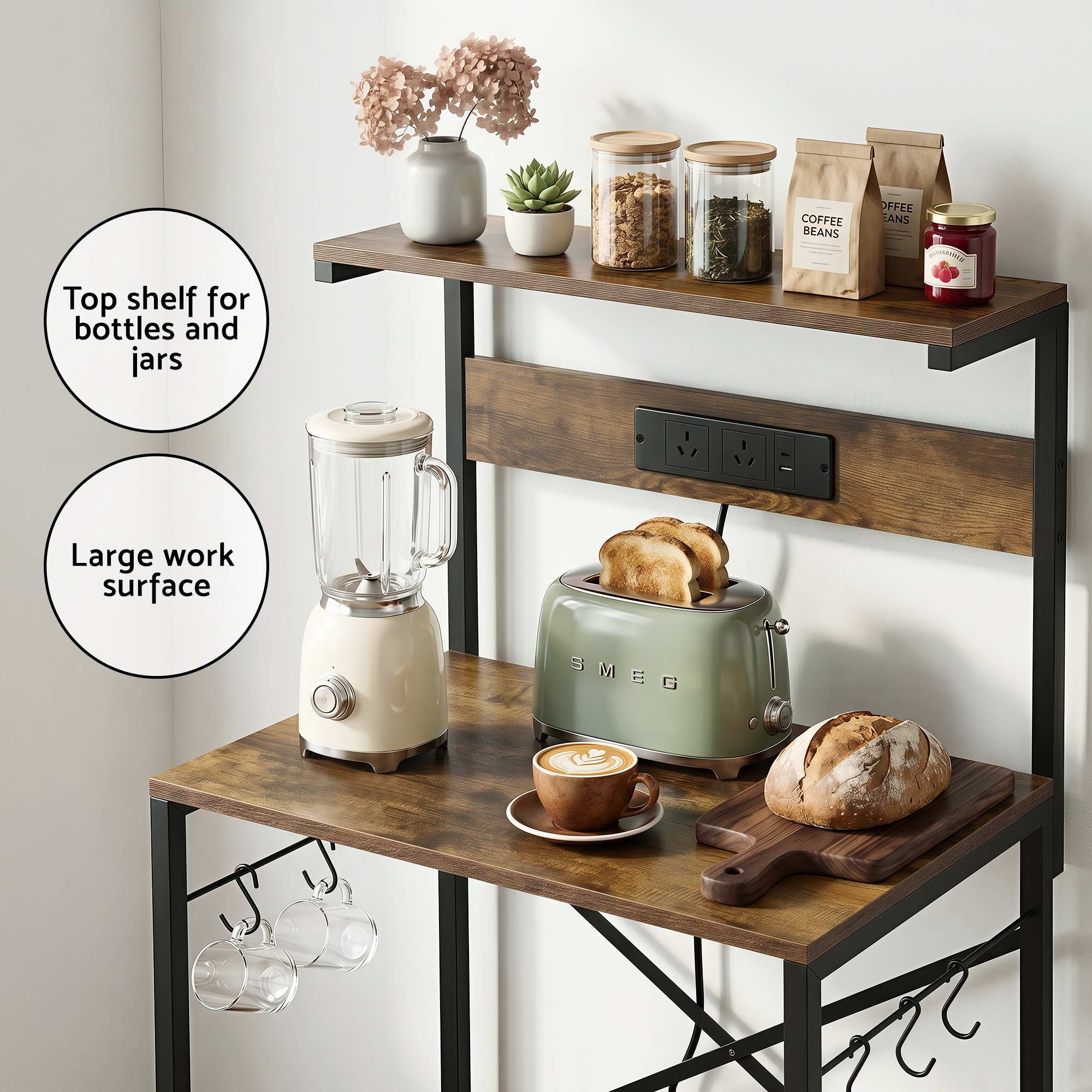 4 - Tier Kitchen Rack with 2 Power Outlets 6 Hooks Microwave Storage Shelf - Home & Garden > Kitchenware > Kitchen Utensils - Rivercity House & Home Co. (ABN 18 642 972 209) - Affordable Modern Furniture Australia