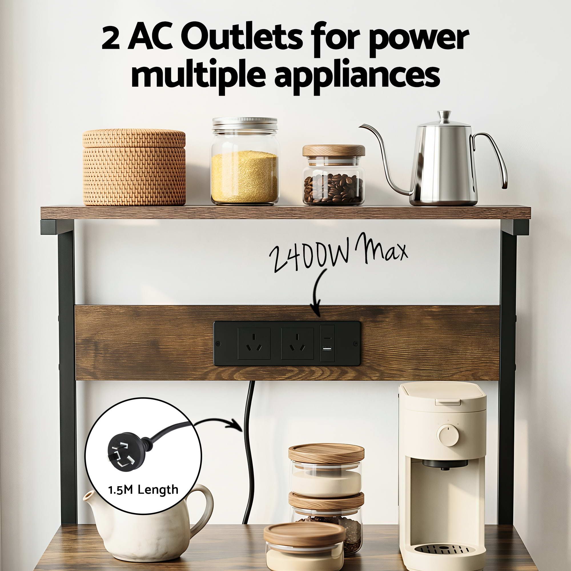 4 - Tier Kitchen Rack with 2 Power Outlets 6 Hooks Microwave Storage Shelf - Home & Garden > Kitchenware > Kitchen Utensils - Rivercity House & Home Co. (ABN 18 642 972 209) - Affordable Modern Furniture Australia