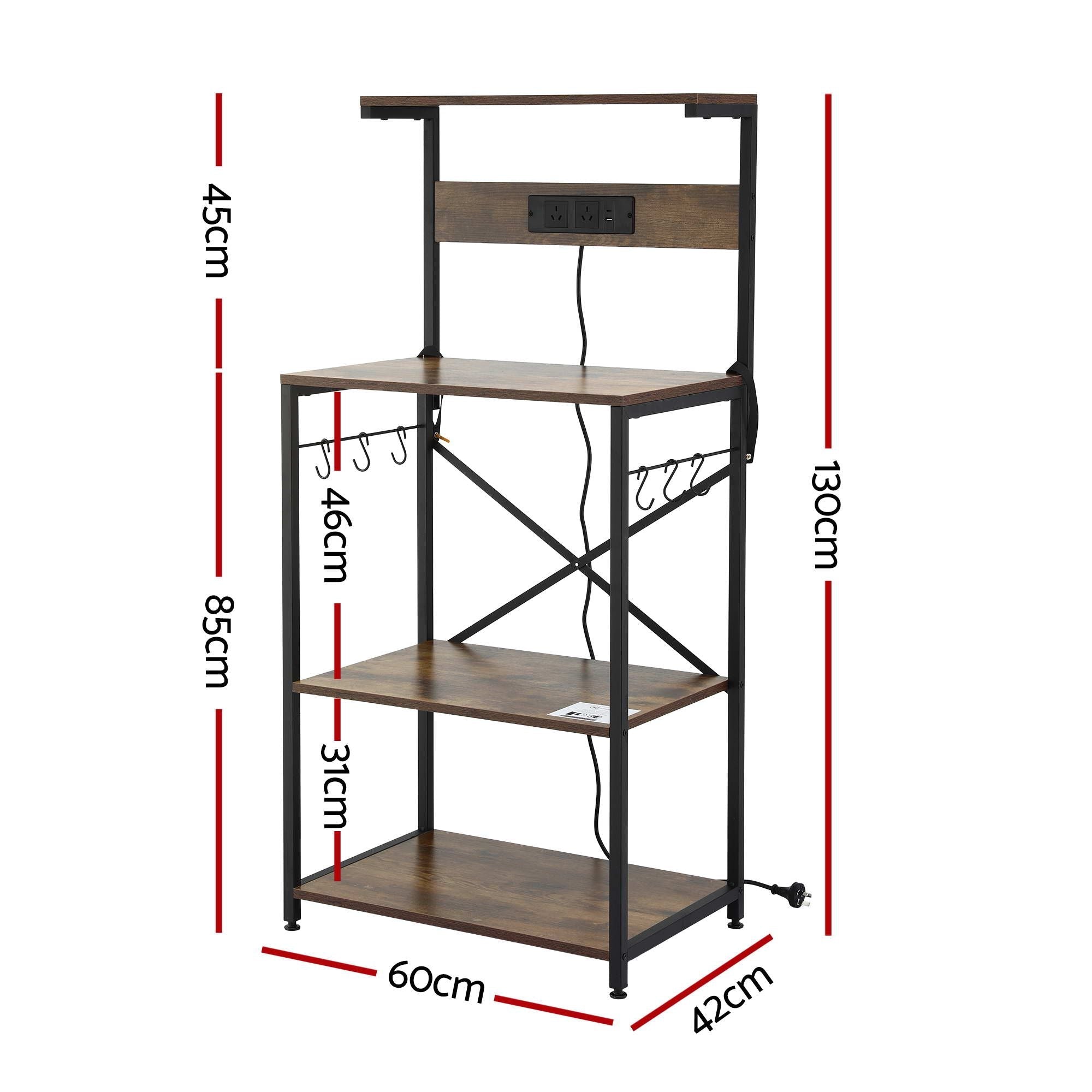 4 - Tier Kitchen Rack with 2 Power Outlets 6 Hooks Microwave Storage Shelf - Home & Garden > Kitchenware > Kitchen Utensils - Rivercity House & Home Co. (ABN 18 642 972 209) - Affordable Modern Furniture Australia