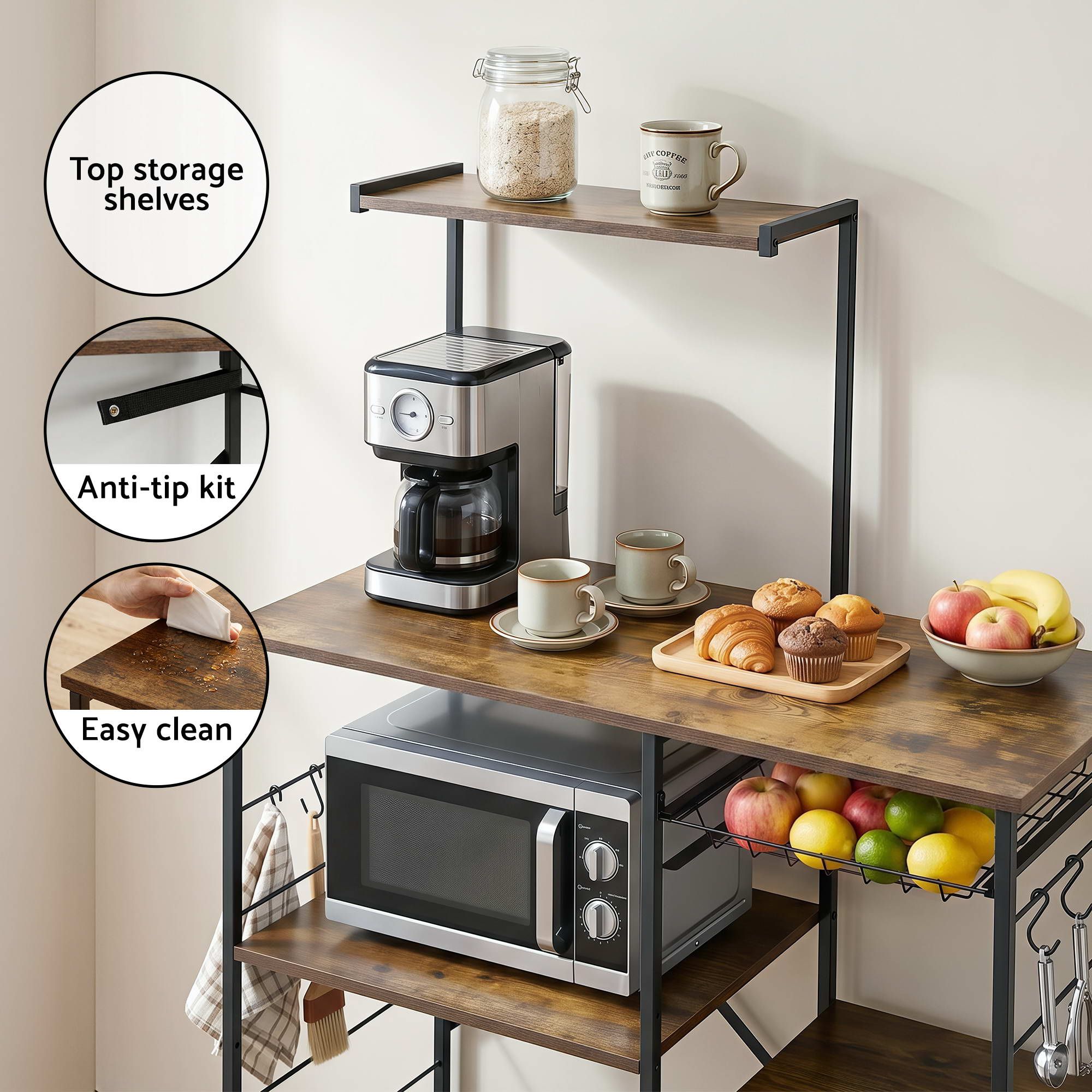 4 - Tier Kitchen Rack with Pull Out Basket 6 Hooks Microwave Storage Shelf - Home & Garden > Kitchenware > Kitchen Utensils - Rivercity House & Home Co. (ABN 18 642 972 209) - Affordable Modern Furniture Australia