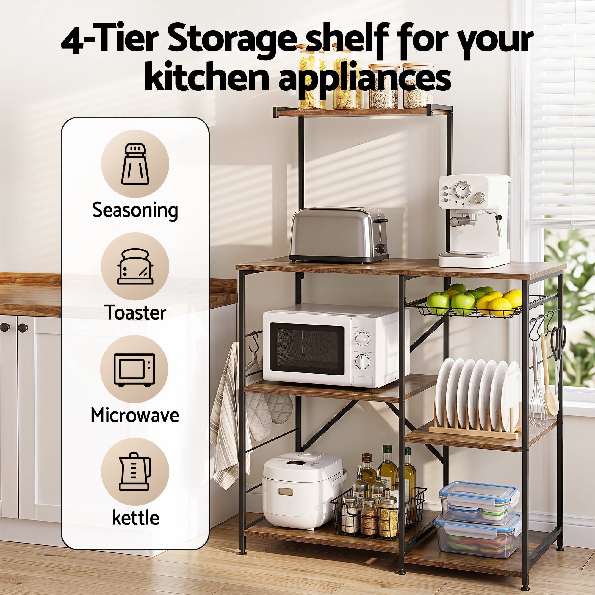4 - Tier Kitchen Rack with Pull Out Basket 6 Hooks Microwave Storage Shelf - Home & Garden > Kitchenware > Kitchen Utensils - Rivercity House & Home Co. (ABN 18 642 972 209) - Affordable Modern Furniture Australia