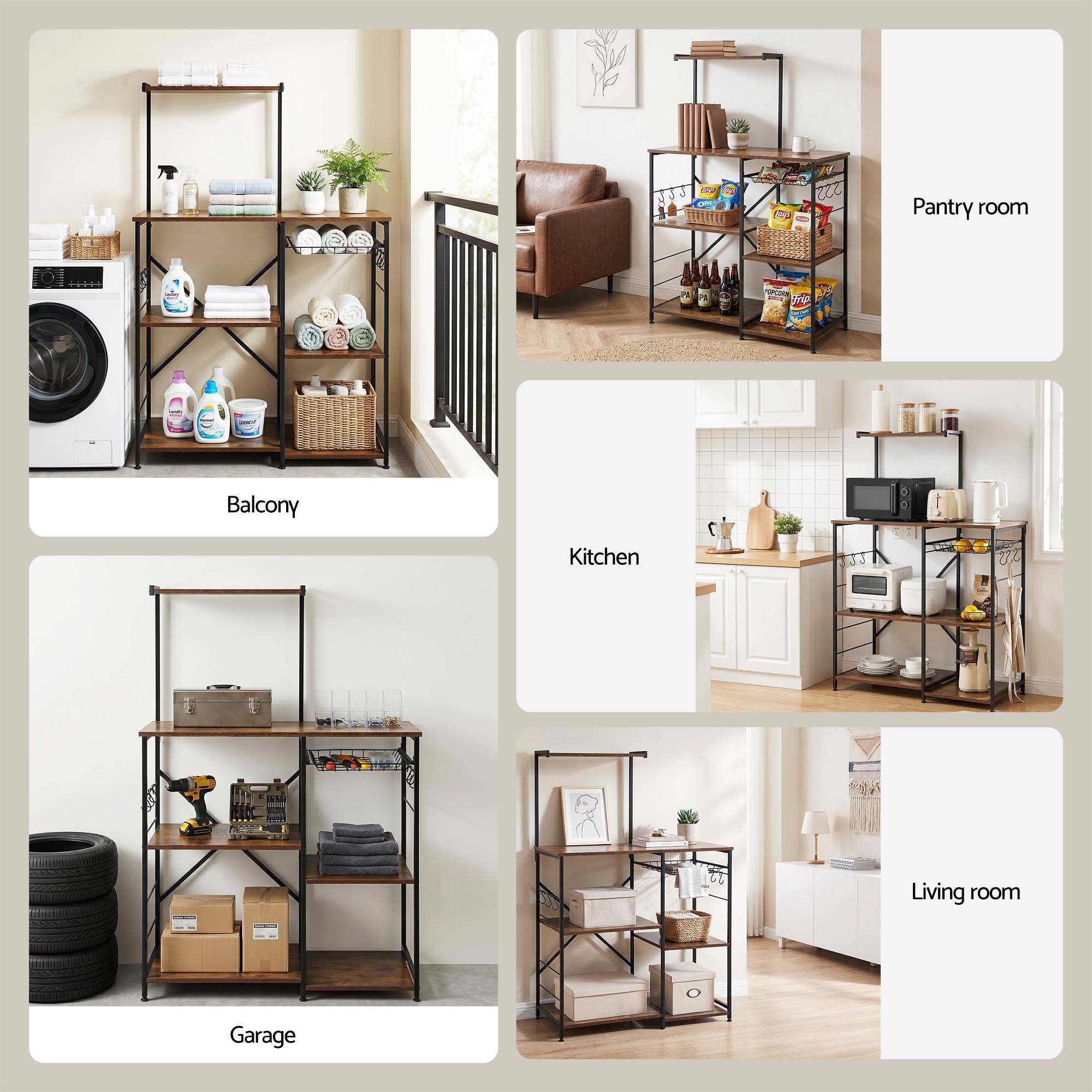4 - Tier Kitchen Rack with Pull Out Basket 6 Hooks Microwave Storage Shelf - Home & Garden > Kitchenware > Kitchen Utensils - Rivercity House & Home Co. (ABN 18 642 972 209) - Affordable Modern Furniture Australia