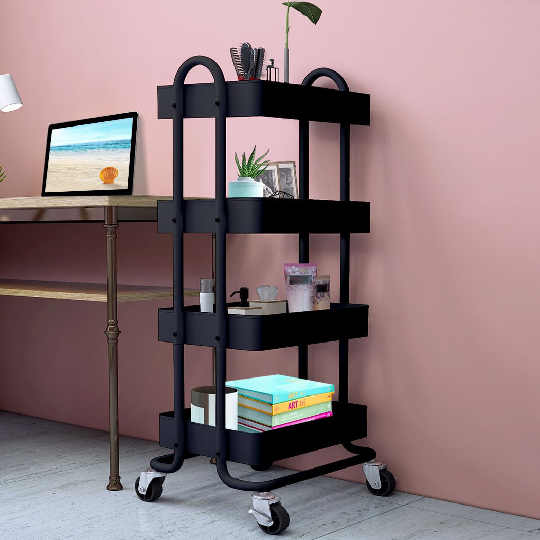 4 - Tier Kitchen Storage Trolley Cart with Wheels - Black - Rivercity House & Home Co. (ABN 18 642 972 209) - Affordable Modern Furniture Australia