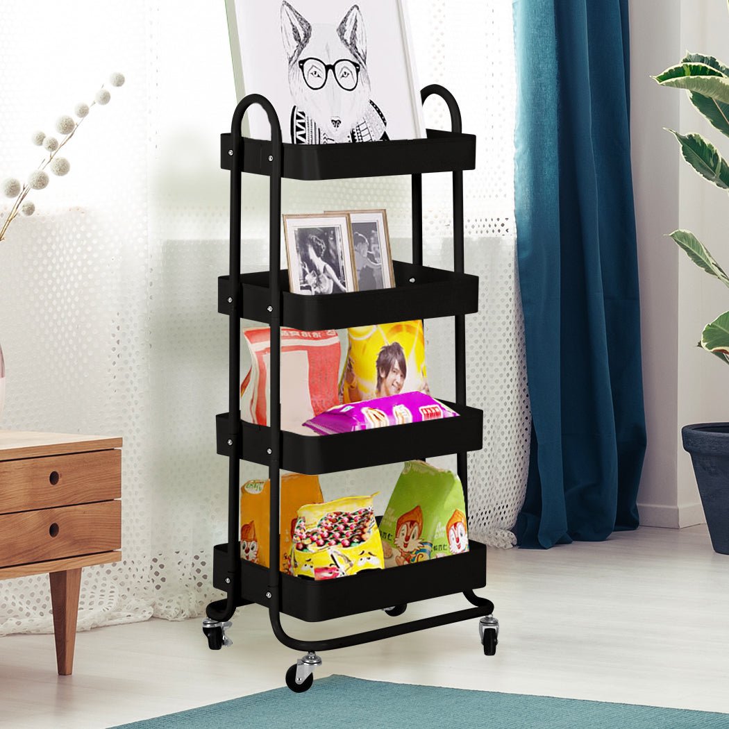 4 - Tier Kitchen Storage Trolley Cart with Wheels - Black - Rivercity House & Home Co. (ABN 18 642 972 209) - Affordable Modern Furniture Australia