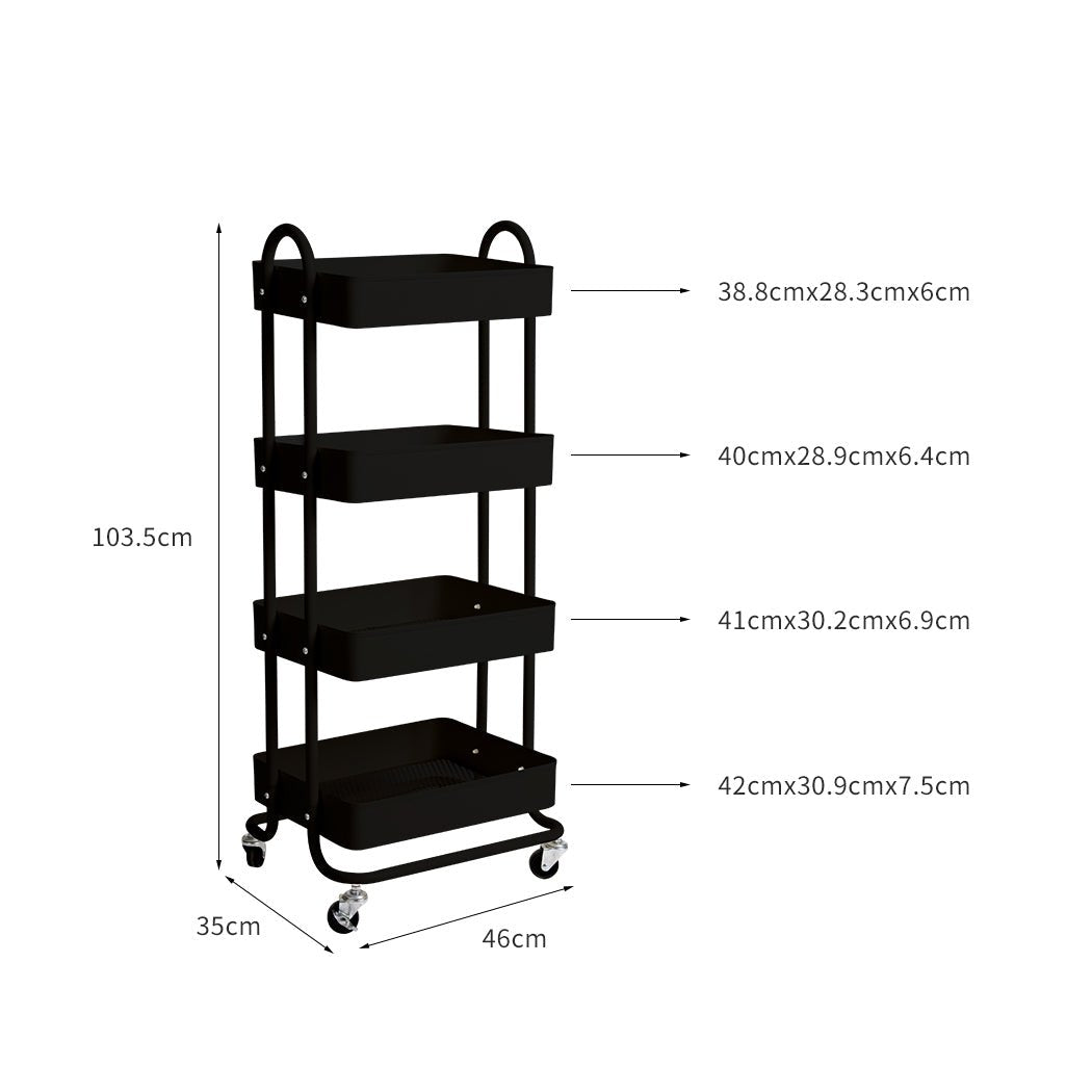4 - Tier Kitchen Storage Trolley Cart with Wheels - Black - Rivercity House & Home Co. (ABN 18 642 972 209) - Affordable Modern Furniture Australia
