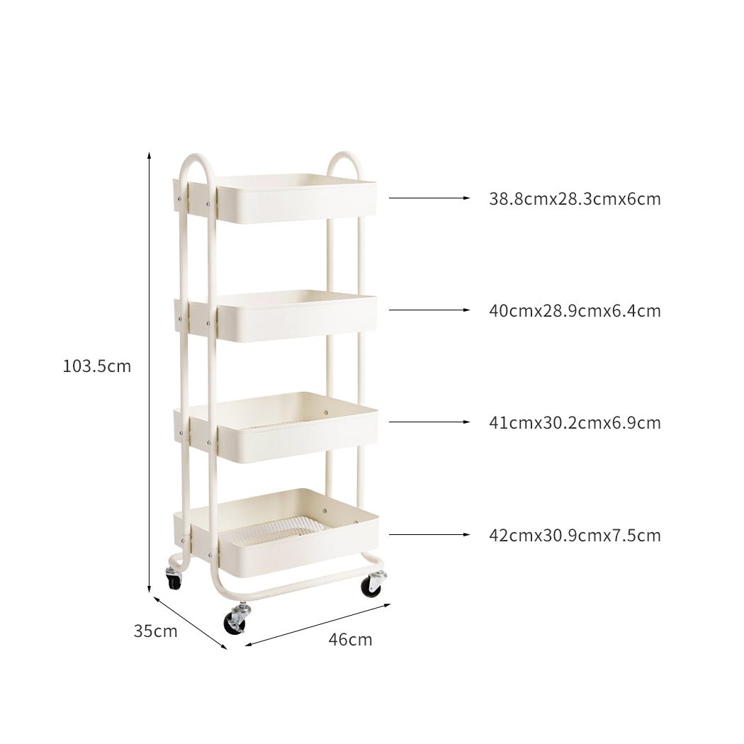 4 - Tier Kitchen Trolley Cart with Wheels - White - Rivercity House & Home Co. (ABN 18 642 972 209) - Affordable Modern Furniture Australia