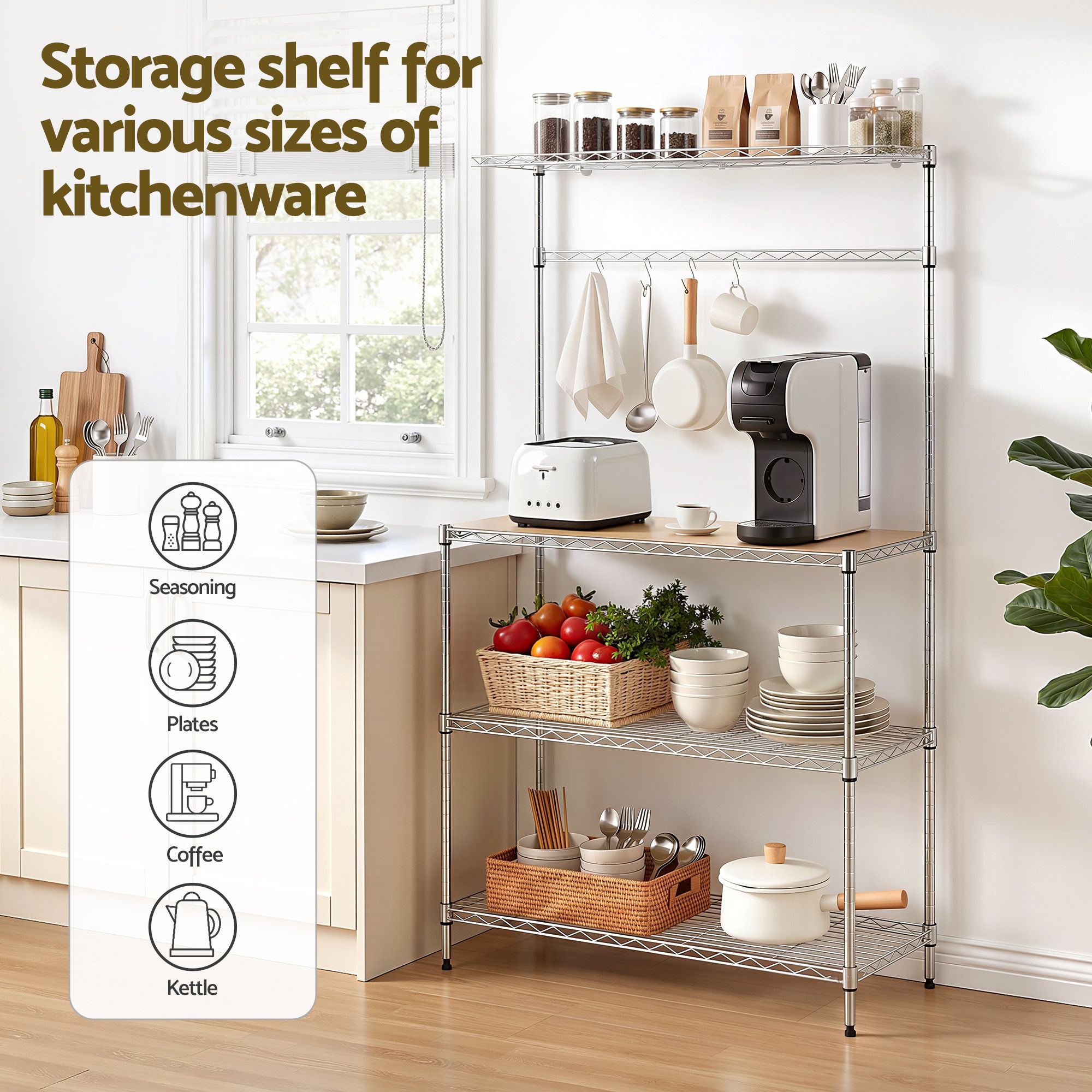4 - Tier Metal Kitchen Rack Shelf Silver Storage Shelves Organizer Microwave Stand 90cmx151cm - Home & Garden > Kitchenware > Kitchen Utensils - Rivercity House & Home Co. (ABN 18 642 972 209) - Affordable Modern Furniture Australia