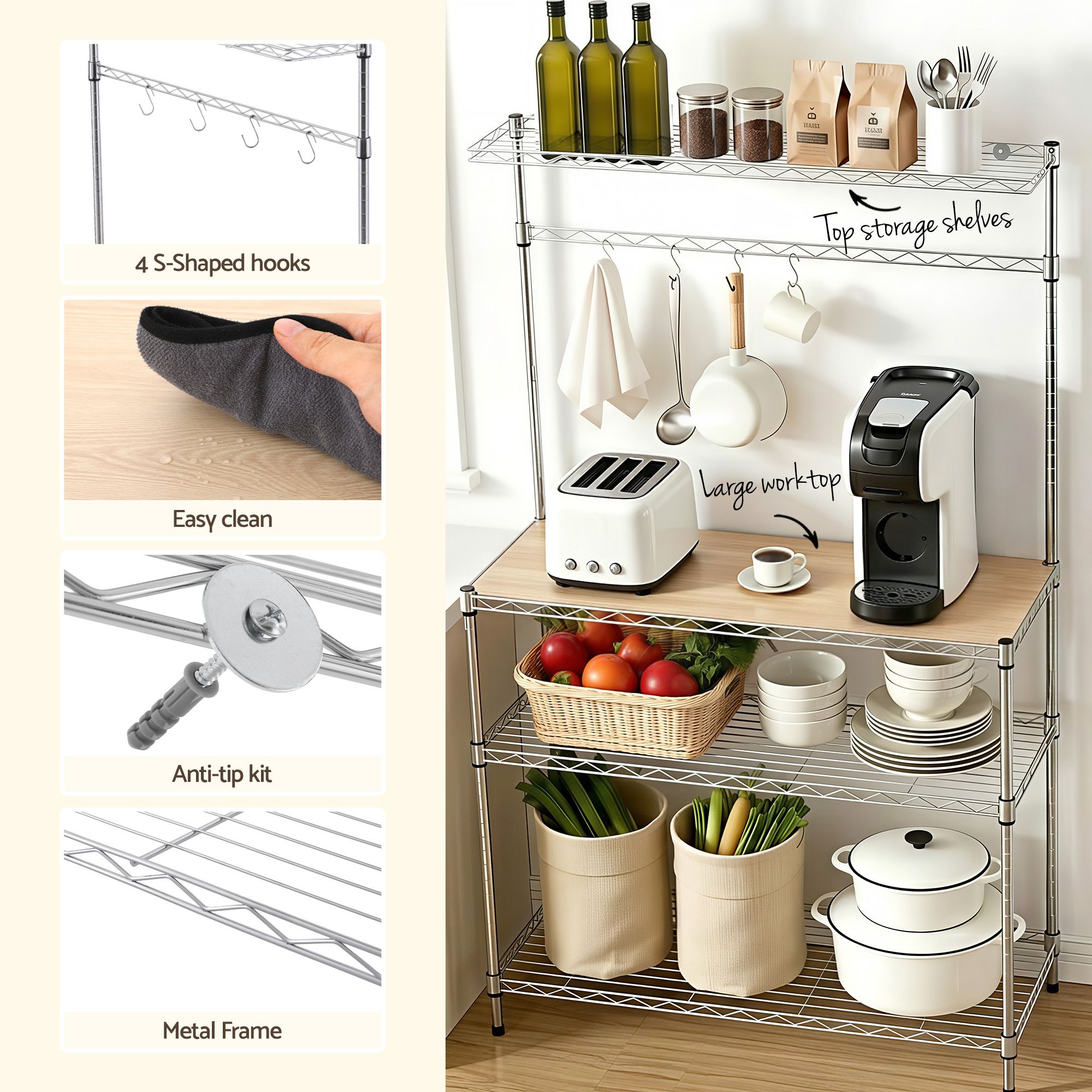 4 - Tier Metal Kitchen Rack Shelf Silver Storage Shelves Organizer Microwave Stand 90cmx151cm - Home & Garden > Kitchenware > Kitchen Utensils - Rivercity House & Home Co. (ABN 18 642 972 209) - Affordable Modern Furniture Australia