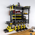4-Tier Wall Mount Power Tool Rack Organiser with Drill Holder & Wrench Hooks for Cordless Tools - Black