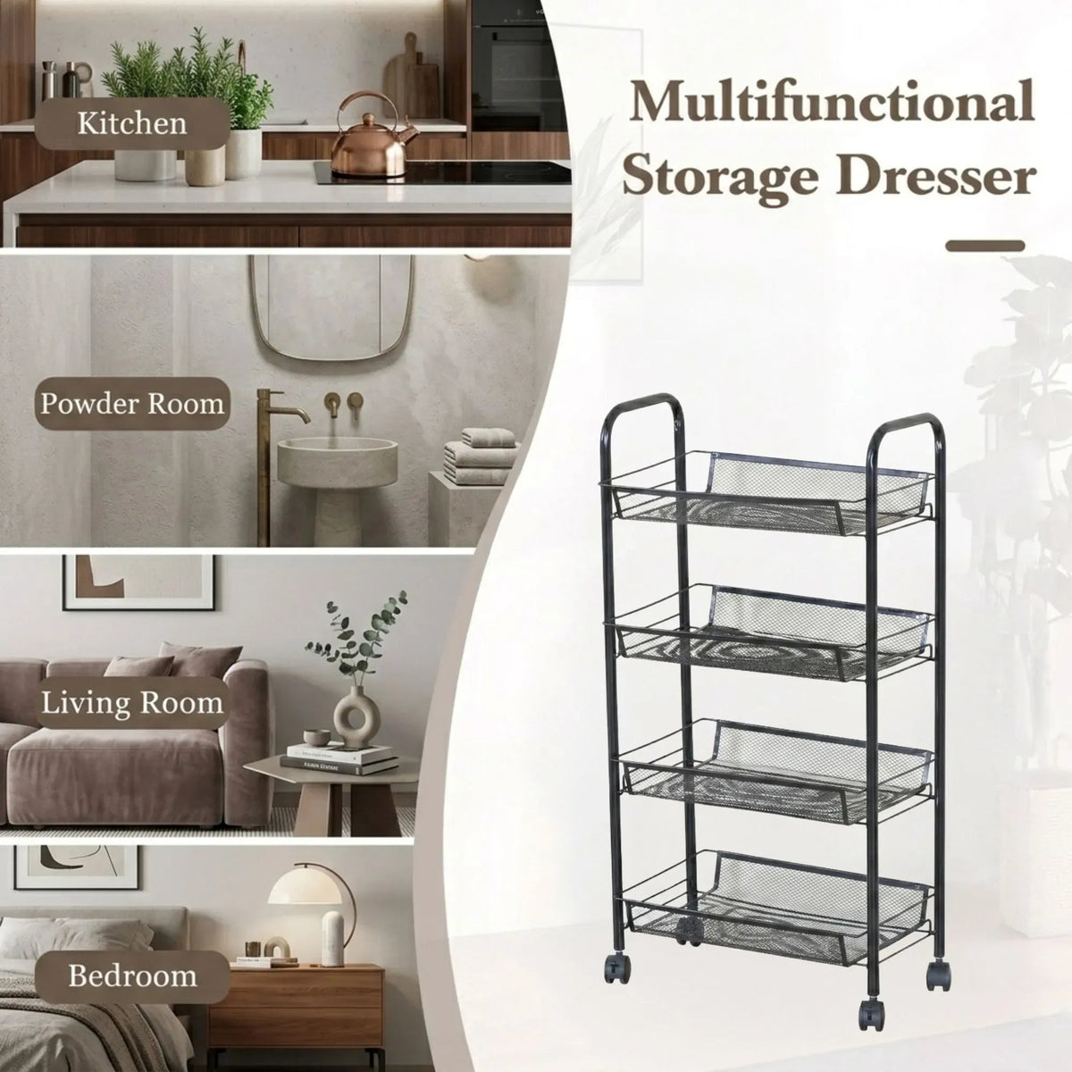 4 Tier Rolling Kitchen Trolley Cart Metal Mesh Steel - Black - Furniture > Dining > Kitchen & Dining Trolleys - Rivercity House & Home Co. (ABN 18 642 972 209) - Affordable Modern Furniture Australia
