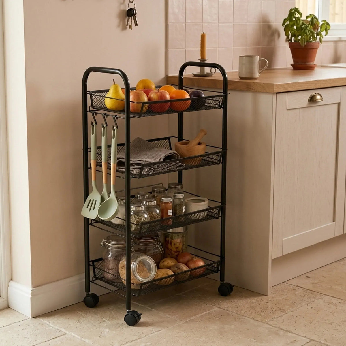 4 Tier Rolling Kitchen Trolley Cart Metal Mesh Steel - Black - Furniture > Dining > Kitchen & Dining Trolleys - Rivercity House & Home Co. (ABN 18 642 972 209) - Affordable Modern Furniture Australia