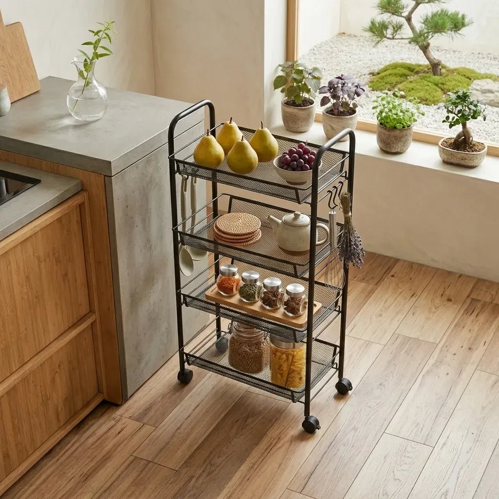 4 Tier Rolling Kitchen Trolley Cart Metal Mesh Steel - Black - Furniture > Dining > Kitchen & Dining Trolleys - Rivercity House & Home Co. (ABN 18 642 972 209) - Affordable Modern Furniture Australia