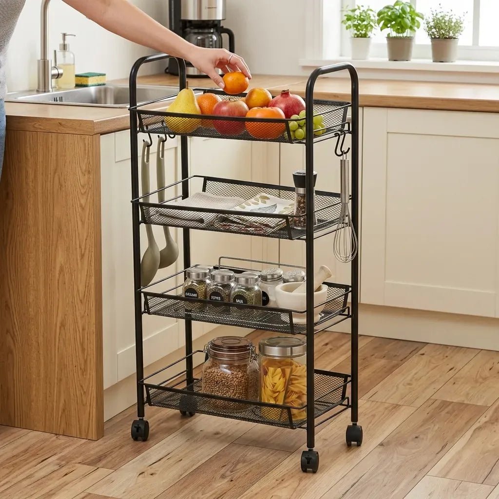 4 Tier Rolling Kitchen Trolley Cart Metal Mesh Steel - Black - Furniture > Dining > Kitchen & Dining Trolleys - Rivercity House & Home Co. (ABN 18 642 972 209) - Affordable Modern Furniture Australia