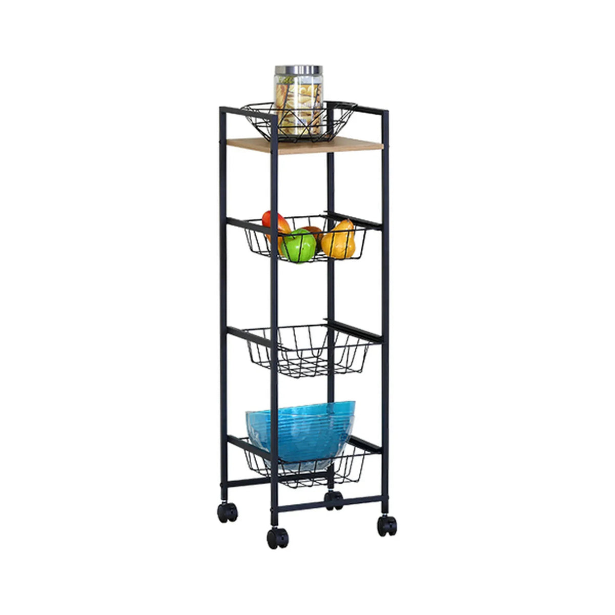 4 Tier Rolling Kitchen Trolley Cart with Wire Baskets - Rustic Brown - Furniture > Dining > Kitchen & Dining Trolleys - Rivercity House & Home Co. (ABN 18 642 972 209) - Affordable Modern Furniture Australia