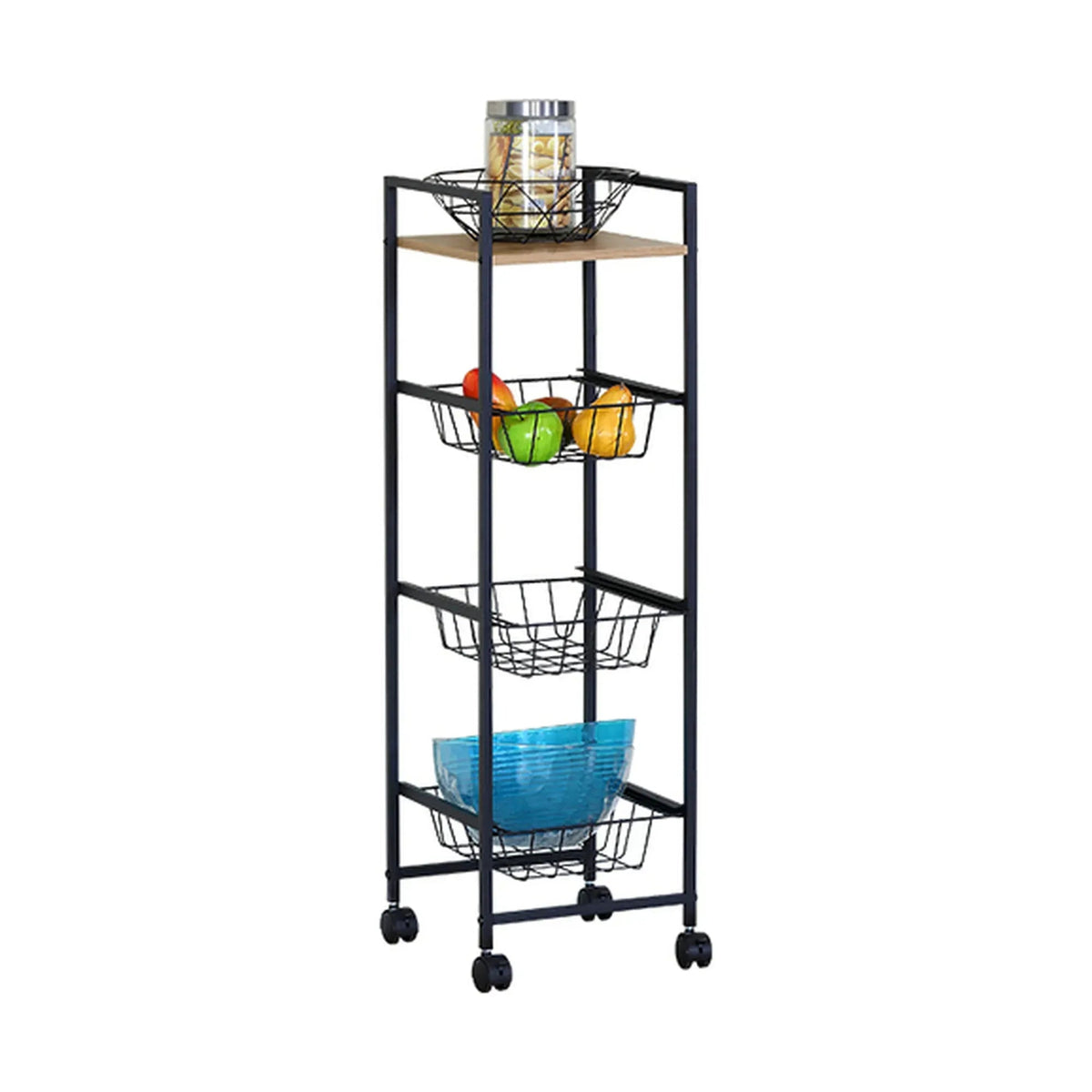 4 Tier Rolling Kitchen Trolley Cart with Wire Baskets - Rustic Brown - Furniture > Dining > Kitchen & Dining Trolleys - Rivercity House & Home Co. (ABN 18 642 972 209) - Affordable Modern Furniture Australia