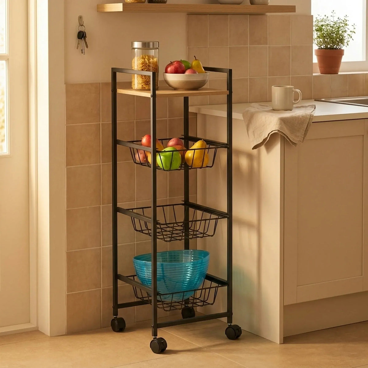 4 Tier Rolling Kitchen Trolley Cart with Wire Baskets - Rustic Brown - Furniture > Dining > Kitchen & Dining Trolleys - Rivercity House & Home Co. (ABN 18 642 972 209) - Affordable Modern Furniture Australia