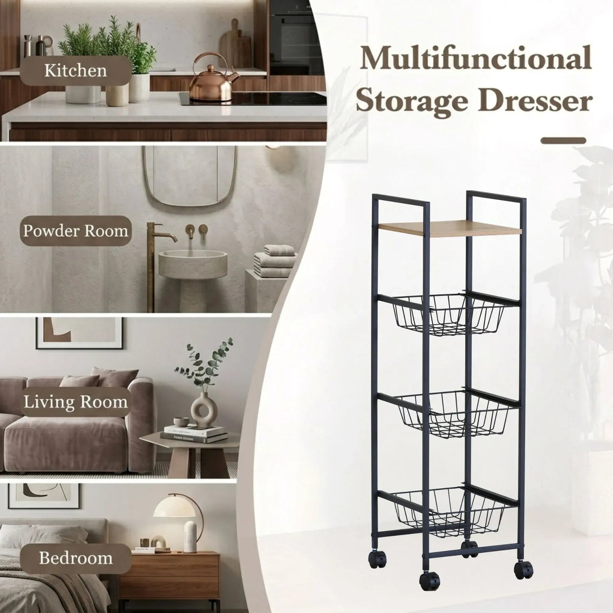 4 Tier Rolling Kitchen Trolley Cart with Wire Baskets - Rustic Brown - Furniture > Dining > Kitchen & Dining Trolleys - Rivercity House & Home Co. (ABN 18 642 972 209) - Affordable Modern Furniture Australia