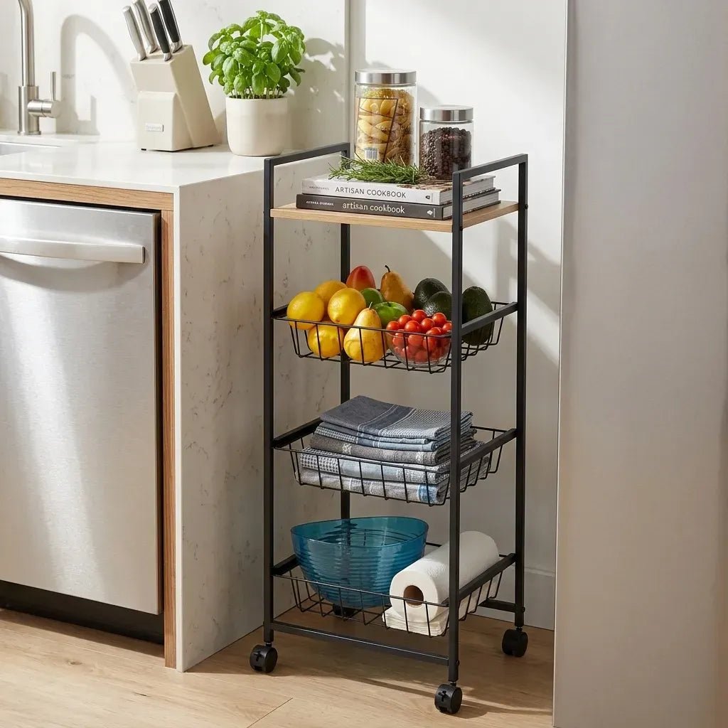 4 Tier Rolling Kitchen Trolley Cart with Wire Baskets - Rustic Brown - Furniture > Dining > Kitchen & Dining Trolleys - Rivercity House & Home Co. (ABN 18 642 972 209) - Affordable Modern Furniture Australia