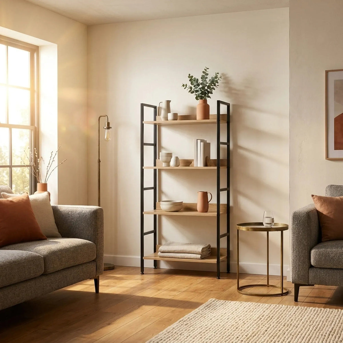 4 Tier Rustic Industrial Bookshelf with Steel Frame and MDF Shelves - Brown - Furniture > Living Room > Bookcases & Shelves - Rivercity House & Home Co. (ABN 18 642 972 209) - Affordable Modern Furniture Australia