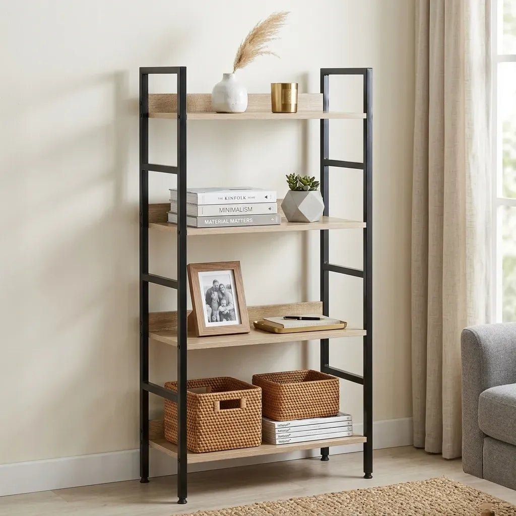 4 Tier Rustic Industrial Bookshelf with Steel Frame and MDF Shelves - Brown - Furniture > Living Room > Bookcases & Shelves - Rivercity House & Home Co. (ABN 18 642 972 209) - Affordable Modern Furniture Australia