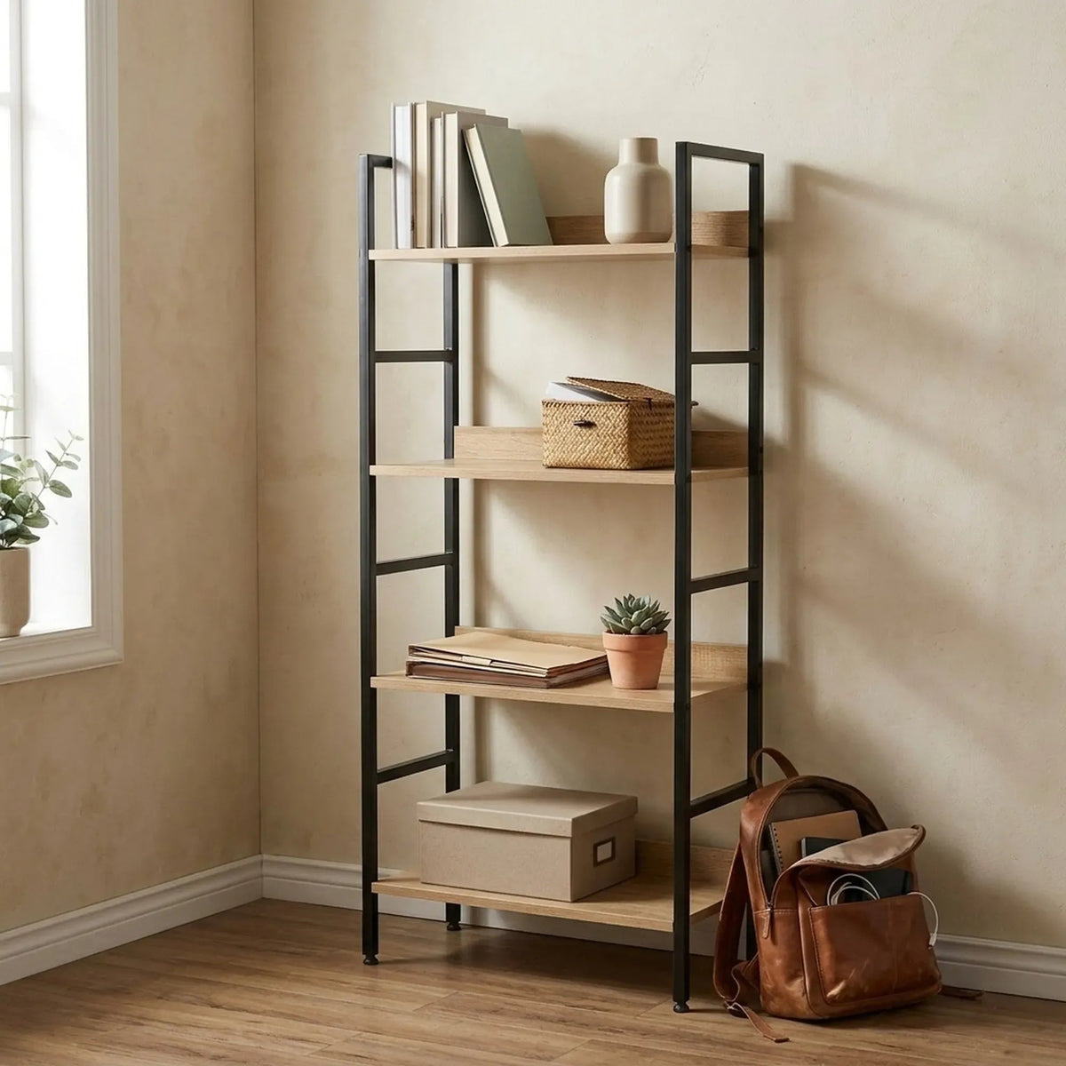 4 Tier Rustic Industrial Bookshelf with Steel Frame and MDF Shelves - Brown - Furniture > Living Room > Bookcases & Shelves - Rivercity House & Home Co. (ABN 18 642 972 209) - Affordable Modern Furniture Australia