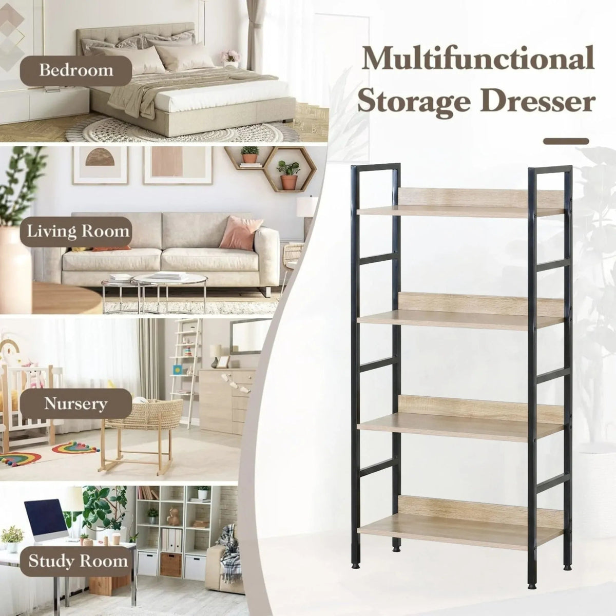 4 Tier Rustic Industrial Bookshelf with Steel Frame and MDF Shelves - Brown - Furniture > Living Room > Bookcases & Shelves - Rivercity House & Home Co. (ABN 18 642 972 209) - Affordable Modern Furniture Australia
