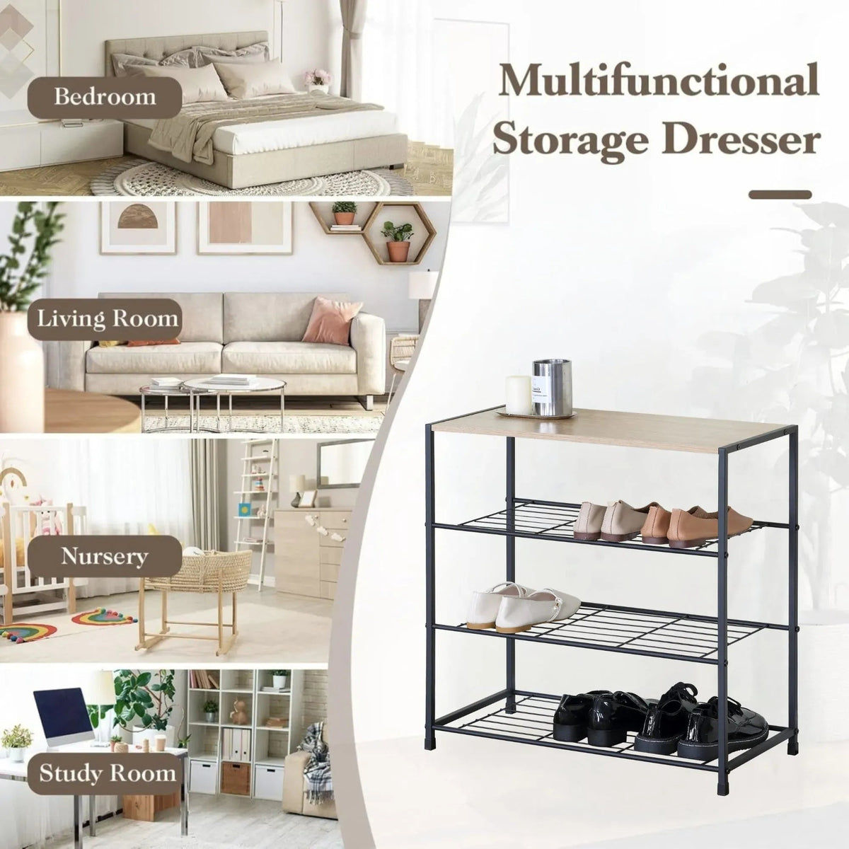 4 Tier Rustic Shoe Rack with MDF Top Shelf and Metal Mesh Shelves - Brown - Furniture > Living Room > Shoe Storage - Rivercity House & Home Co. (ABN 18 642 972 209) - Affordable Modern Furniture Australia
