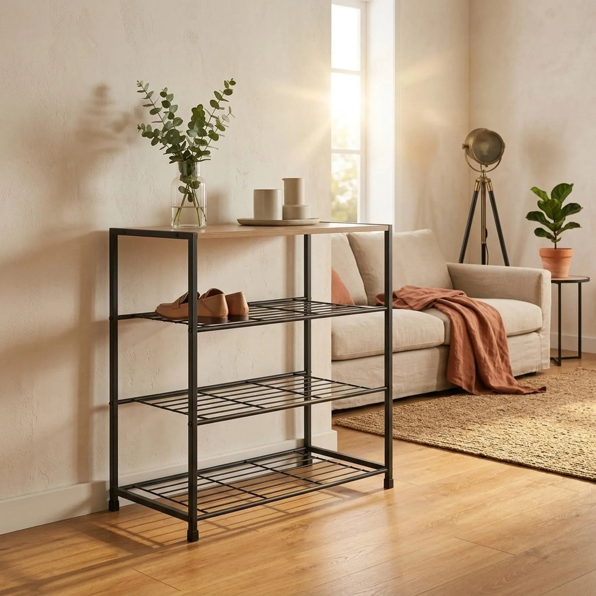 4 Tier Rustic Shoe Rack with MDF Top Shelf and Metal Mesh Shelves - Brown - Furniture > Living Room > Shoe Storage - Rivercity House & Home Co. (ABN 18 642 972 209) - Affordable Modern Furniture Australia