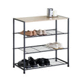 4 Tier Rustic Shoe Rack with MDF Top Shelf and Metal Mesh Shelves - Brown