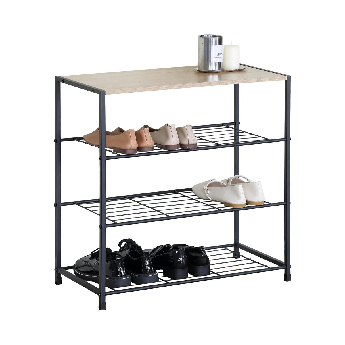 4 Tier Rustic Shoe Rack with MDF Top Shelf and Metal Mesh Shelves - Brown - Furniture > Living Room > Shoe Storage - Rivercity House & Home Co. (ABN 18 642 972 209) - Affordable Modern Furniture Australia