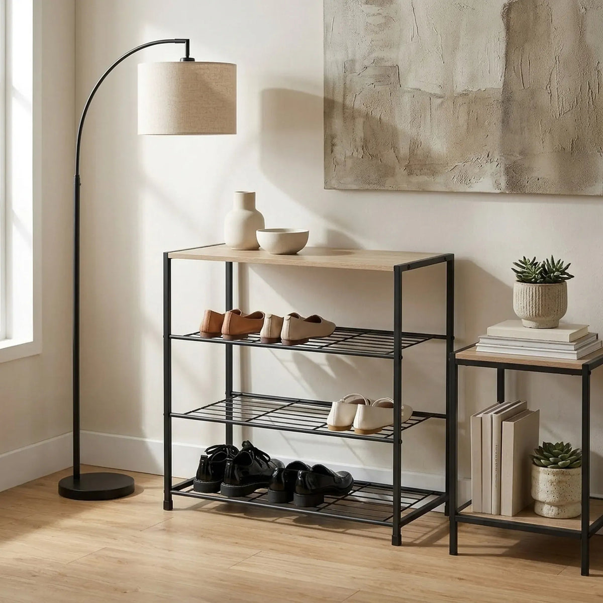 4 Tier Rustic Shoe Rack with MDF Top Shelf and Metal Mesh Shelves - Brown - Furniture > Living Room > Shoe Storage - Rivercity House & Home Co. (ABN 18 642 972 209) - Affordable Modern Furniture Australia