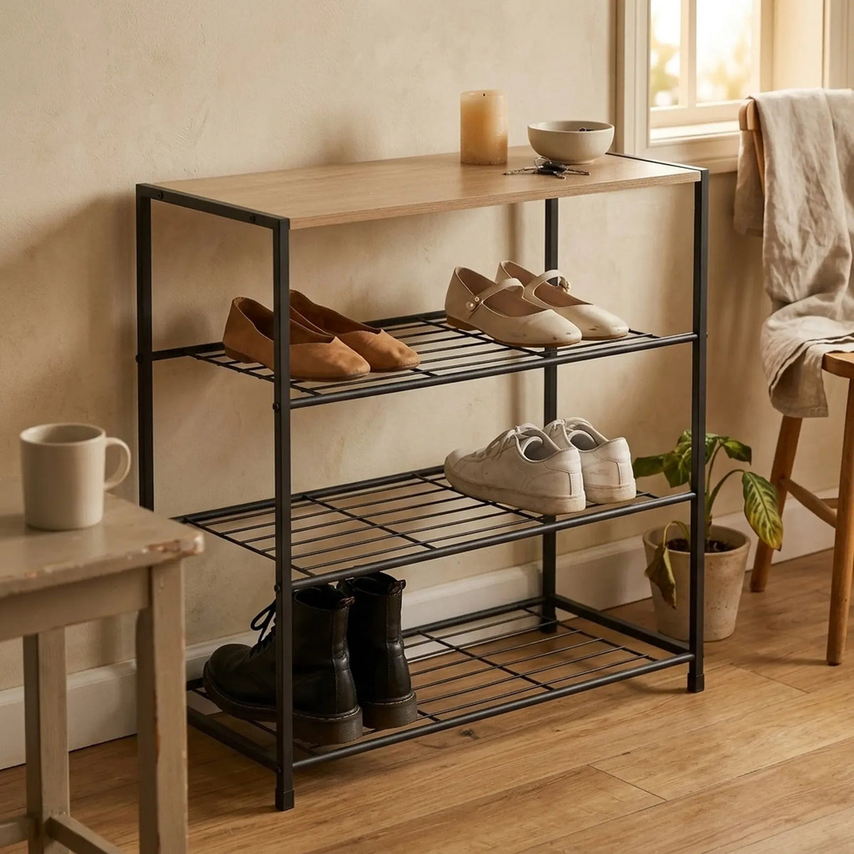 4 Tier Rustic Shoe Rack with MDF Top Shelf and Metal Mesh Shelves - Brown - Furniture > Living Room > Shoe Storage - Rivercity House & Home Co. (ABN 18 642 972 209) - Affordable Modern Furniture Australia