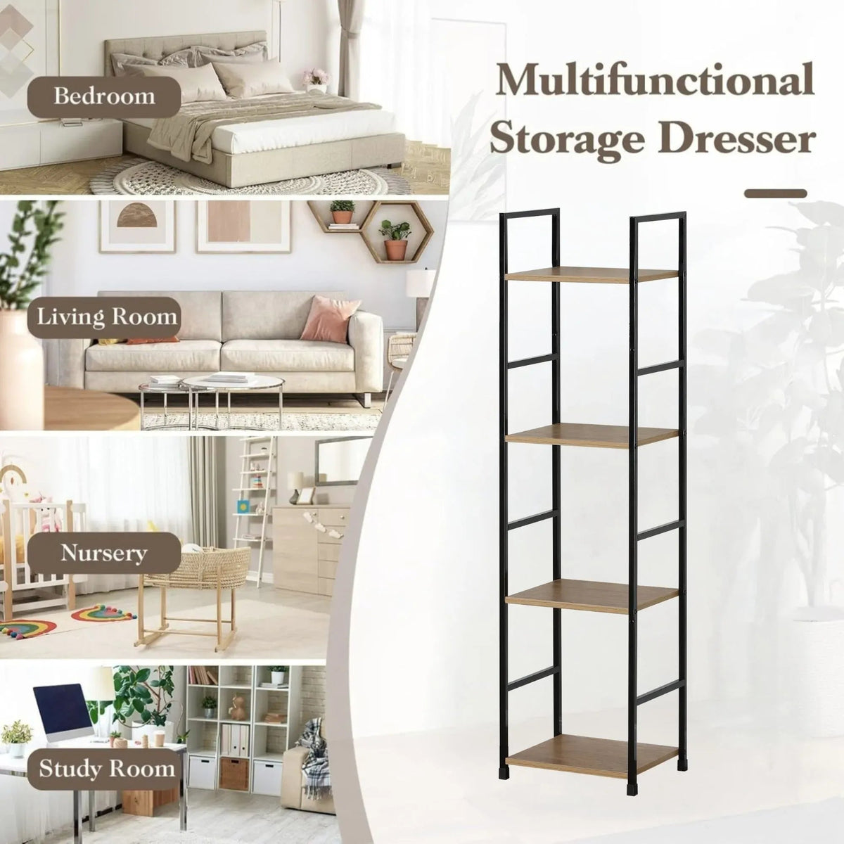 4 Tier Rustic Wood and Metal Bookshelf with Steel Frame - Brown - Furniture > Living Room > Bookcases & Shelves - Rivercity House & Home Co. (ABN 18 642 972 209) - Affordable Modern Furniture Australia