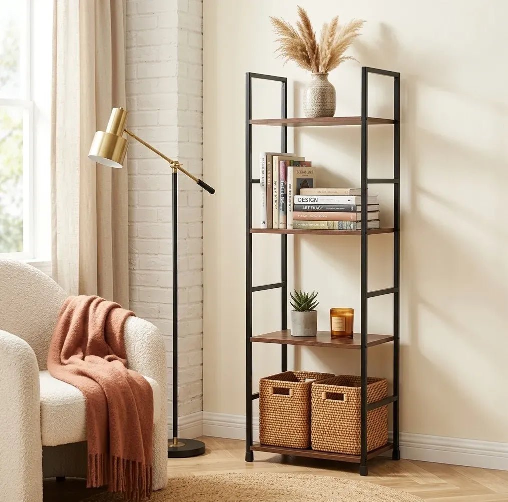 4 Tier Rustic Wood and Metal Bookshelf with Steel Frame - Brown - Furniture > Living Room > Bookcases & Shelves - Rivercity House & Home Co. (ABN 18 642 972 209) - Affordable Modern Furniture Australia