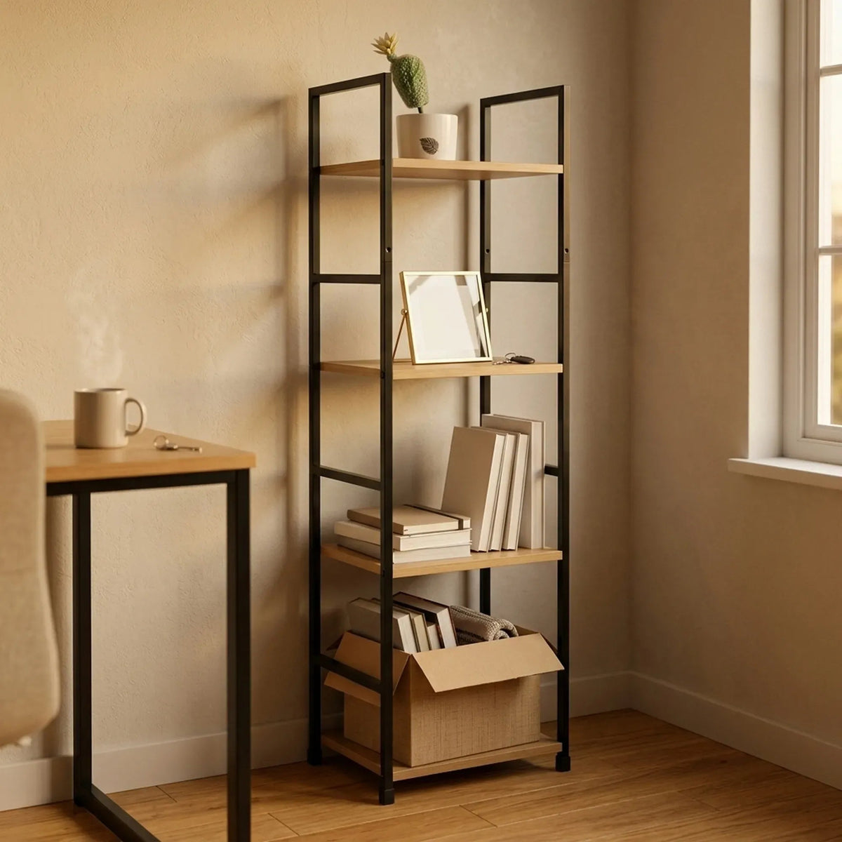 4 Tier Rustic Wood and Metal Bookshelf with Steel Frame - Brown - Furniture > Living Room > Bookcases & Shelves - Rivercity House & Home Co. (ABN 18 642 972 209) - Affordable Modern Furniture Australia