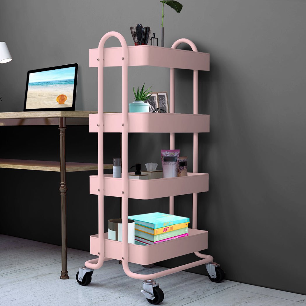 4 - Tier Steel Kitchen Trolley Cart with Wheels - Pink - Rivercity House & Home Co. (ABN 18 642 972 209) - Affordable Modern Furniture Australia