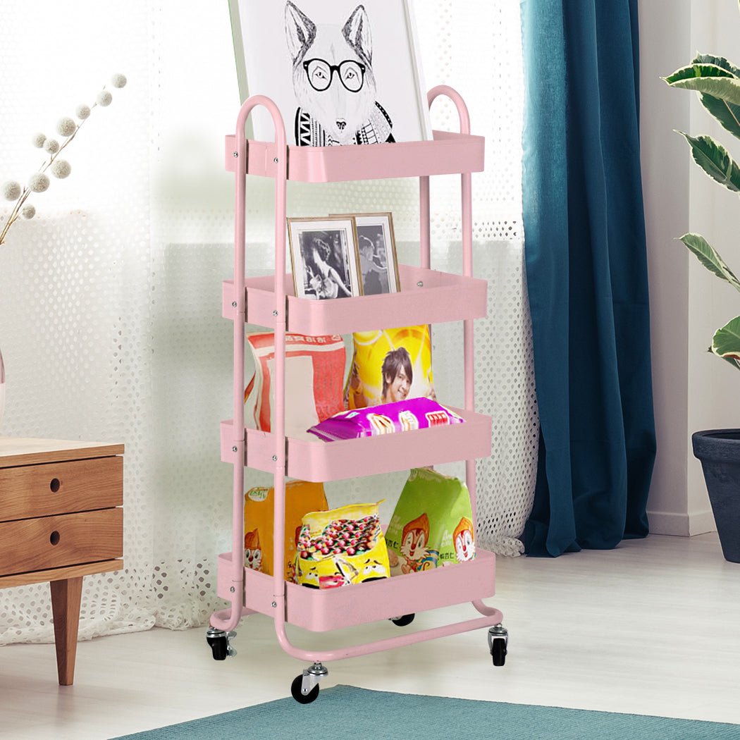 4 - Tier Steel Kitchen Trolley Cart with Wheels - Pink - Rivercity House & Home Co. (ABN 18 642 972 209) - Affordable Modern Furniture Australia