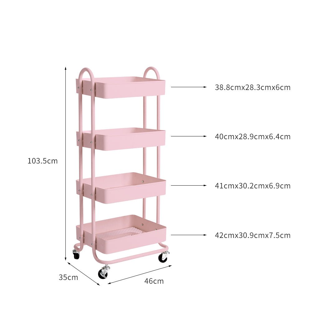 4 - Tier Steel Kitchen Trolley Cart with Wheels - Pink - Rivercity House & Home Co. (ABN 18 642 972 209) - Affordable Modern Furniture Australia