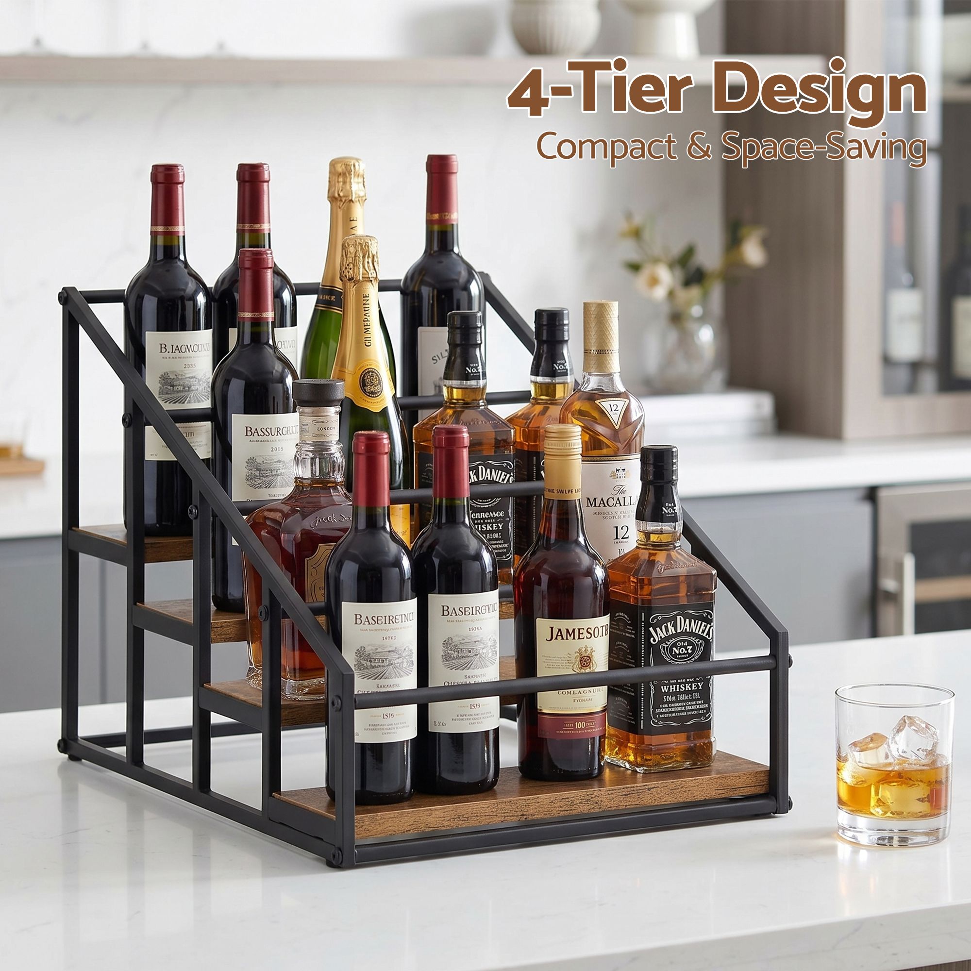 4-Tier Tabletop Wine Rack 16-Bottle Capacity 43x36x32.5cm - Black & Wood - Furniture > Dining > Wine Racks - Rivercity House & Home Co. (ABN 18 642 972 209) - Affordable Modern Furniture Australia
