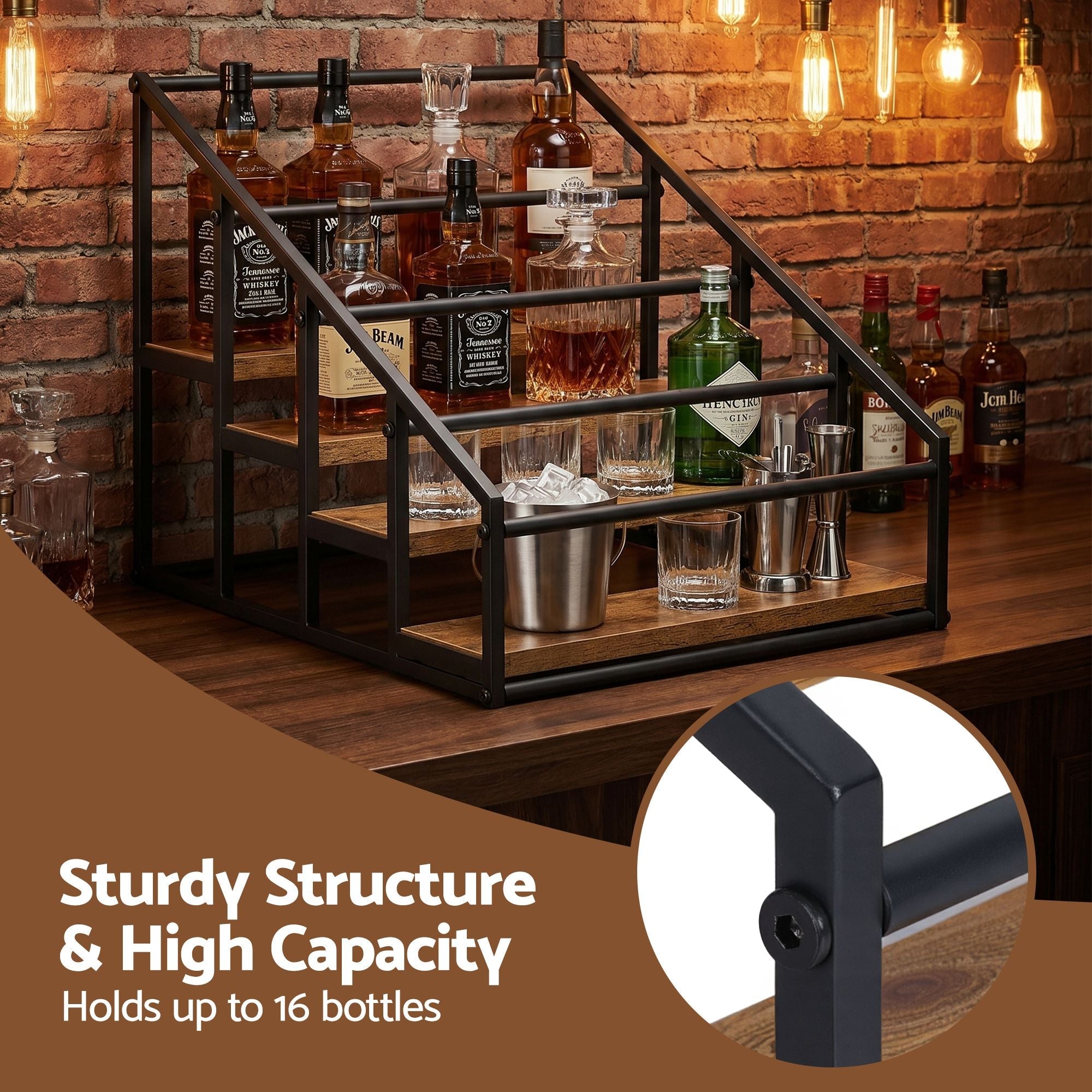 4-Tier Tabletop Wine Rack 16-Bottle Capacity 43x36x32.5cm - Black & Wood - Furniture > Dining > Wine Racks - Rivercity House & Home Co. (ABN 18 642 972 209) - Affordable Modern Furniture Australia