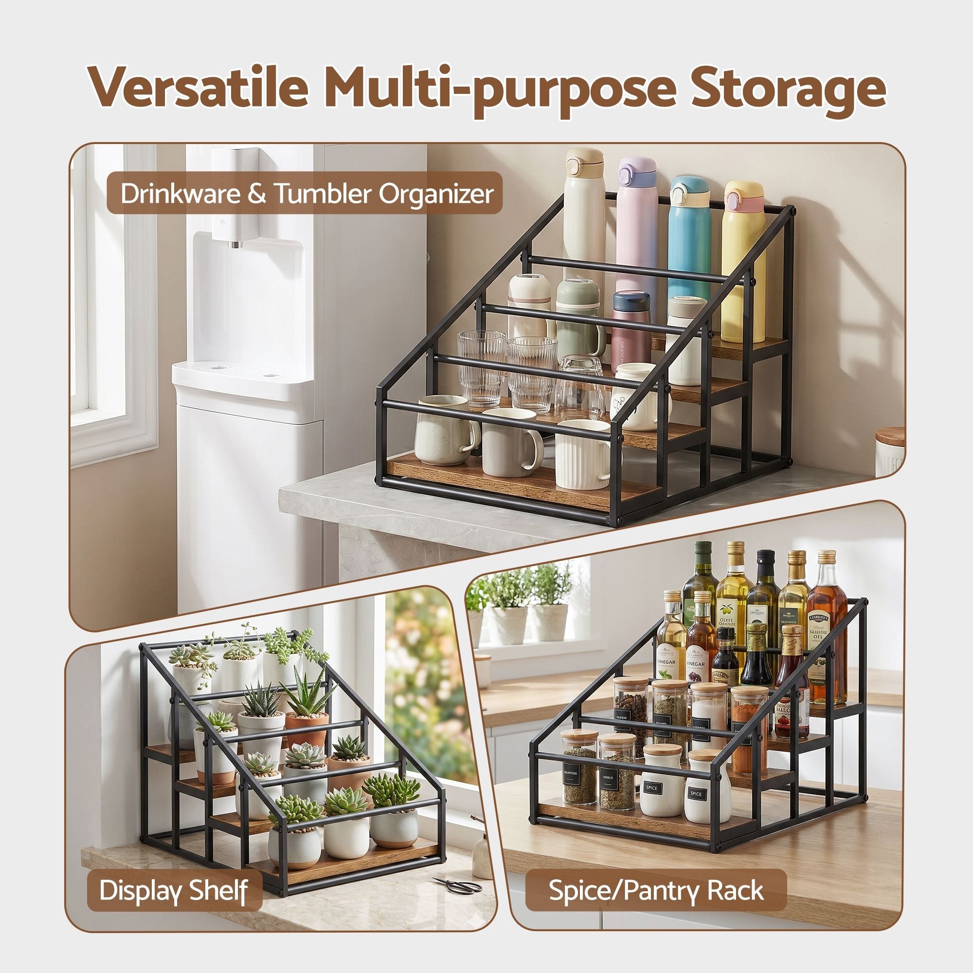 4-Tier Tabletop Wine Rack 16-Bottle Capacity 43x36x32.5cm - Black & Wood - Furniture > Dining > Wine Racks - Rivercity House & Home Co. (ABN 18 642 972 209) - Affordable Modern Furniture Australia